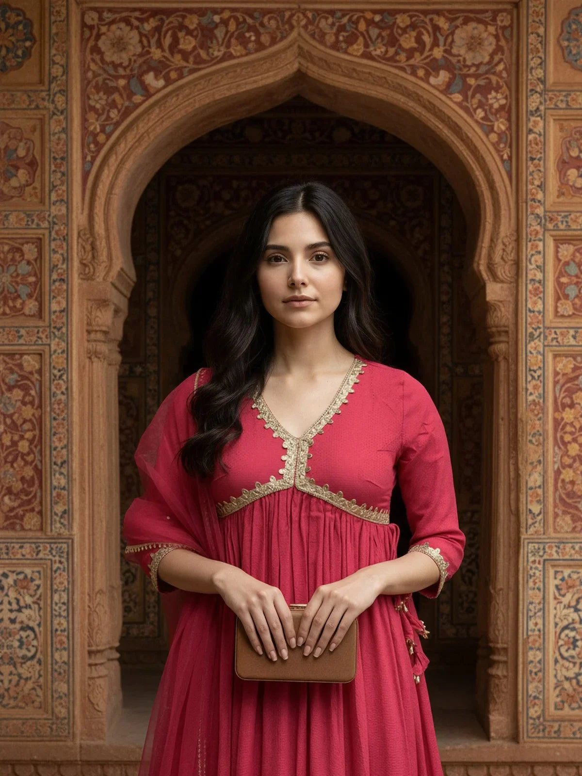 Buy Rayon Embroidered Anarkali Calf Length Kurta with Pant and Dupatta-Pink