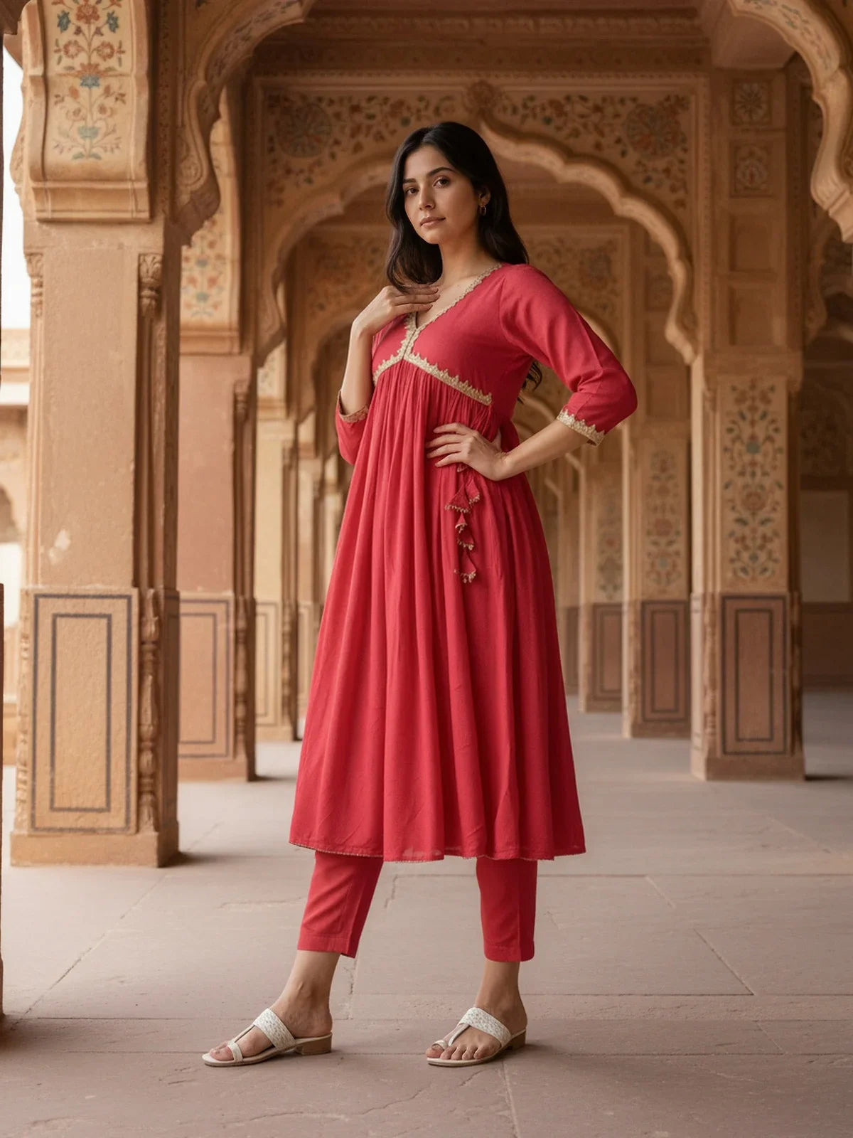 Buy Rayon Embroidered Anarkali Calf Length Kurta with Pant and Dupatta-Pink