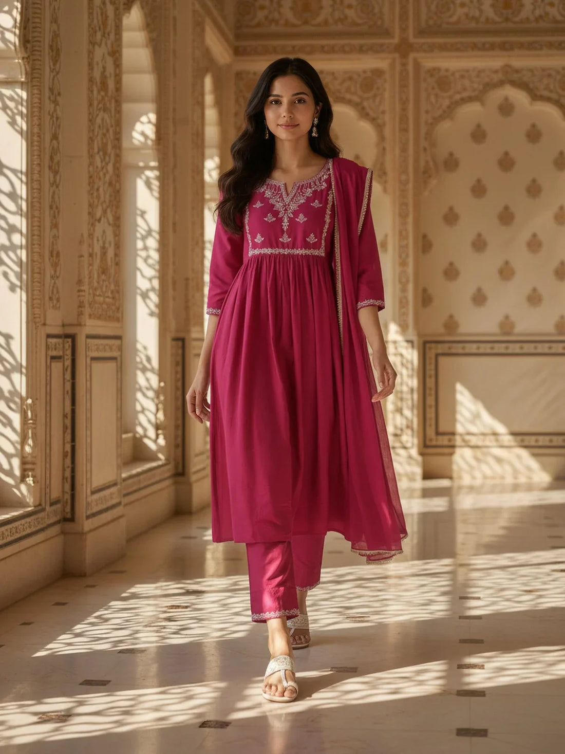 Buy Viscose Embroidered Anarkali Calf Length Kurta with Pant and Dupatta-Pink