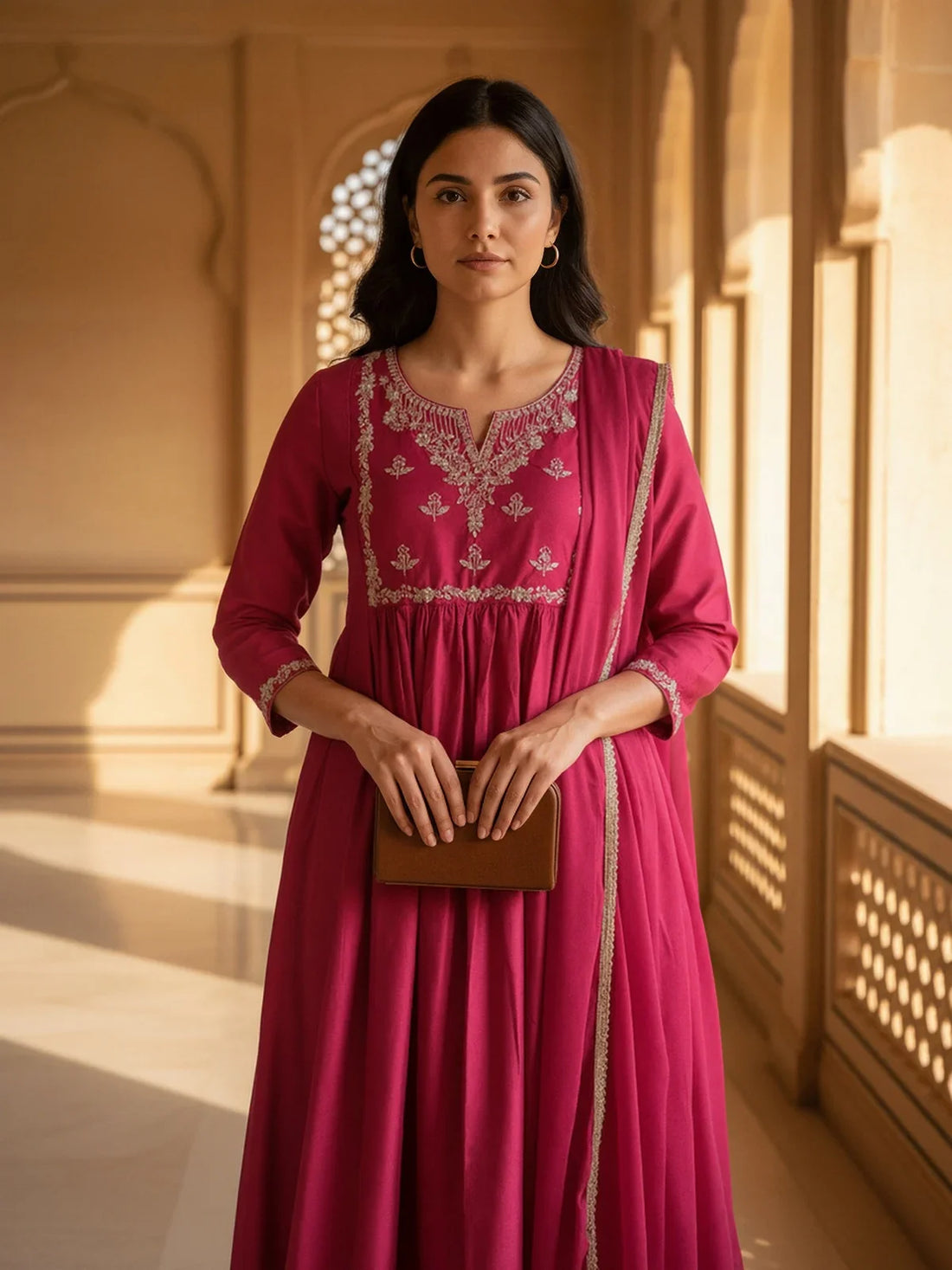 Buy Viscose Embroidered Anarkali Calf Length Kurta with Pant and Dupatta-Pink