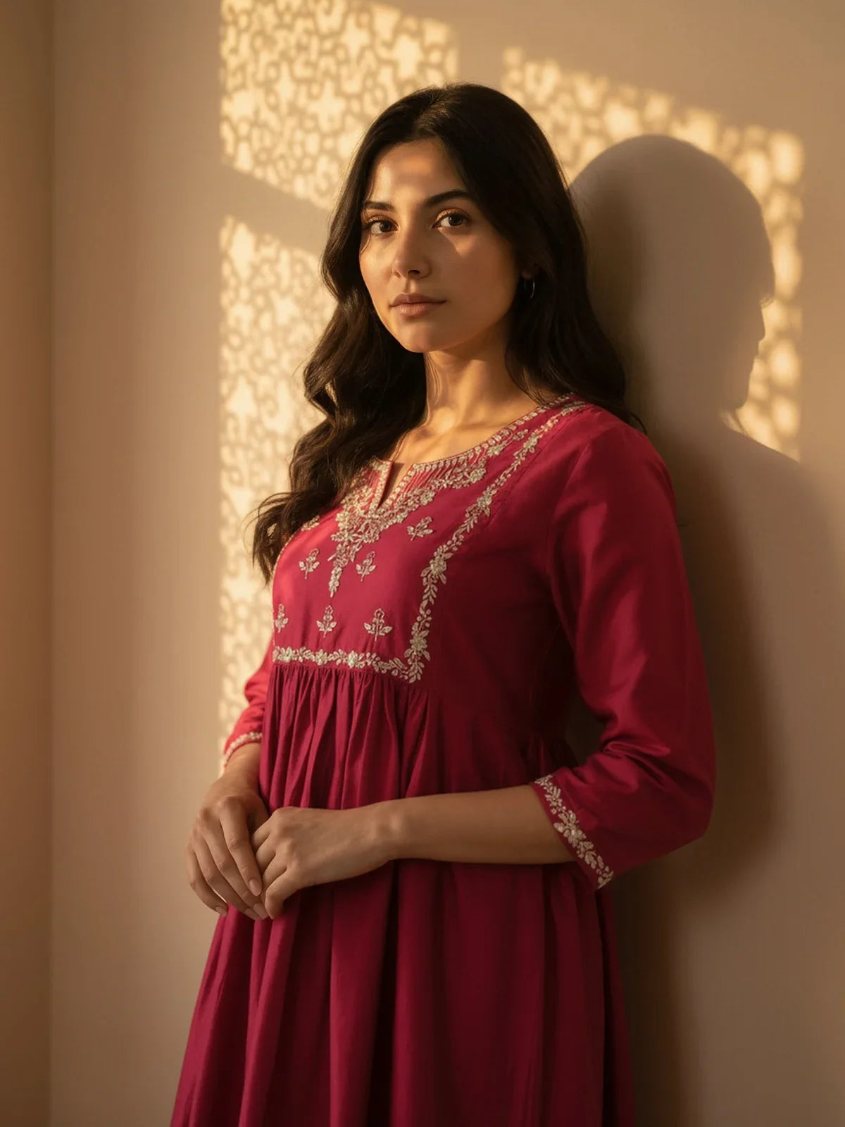 Buy Viscose Embroidered Anarkali Calf Length Kurta with Pant and Dupatta-Pink