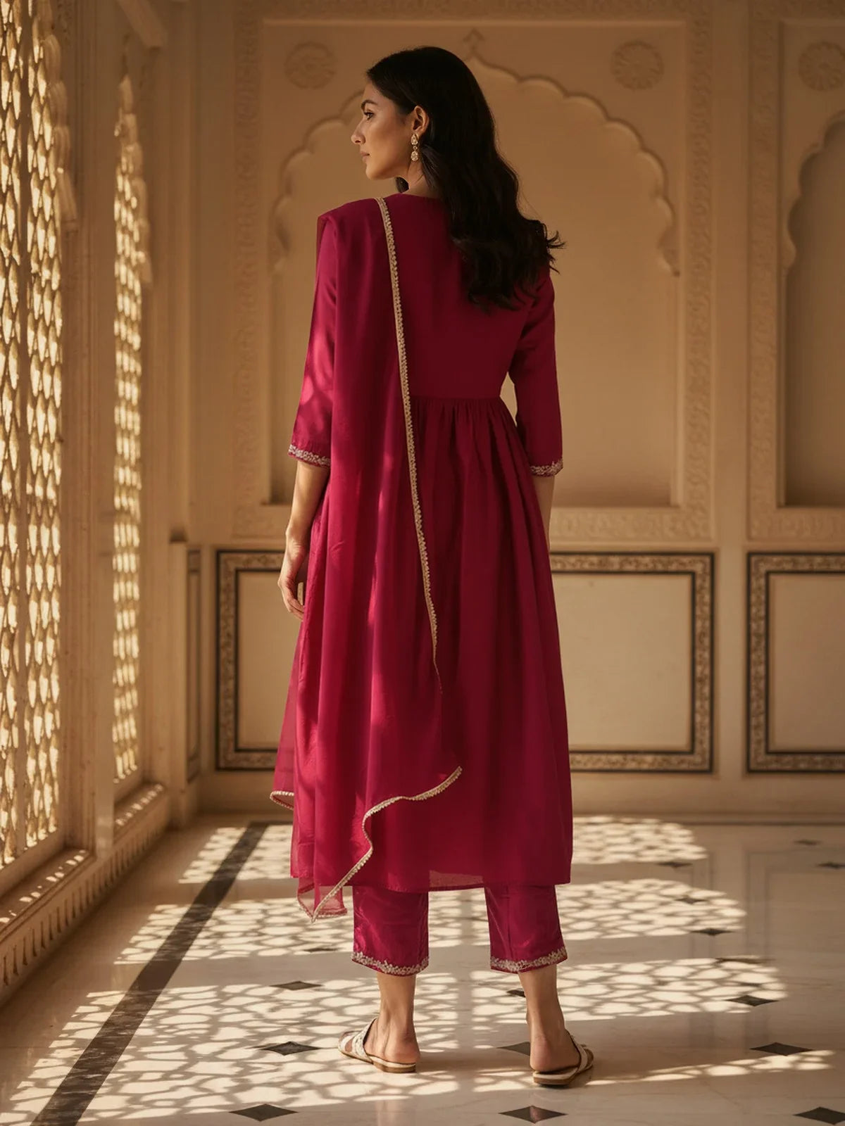 Buy Viscose Embroidered Anarkali Calf Length Kurta with Pant and Dupatta-Pink