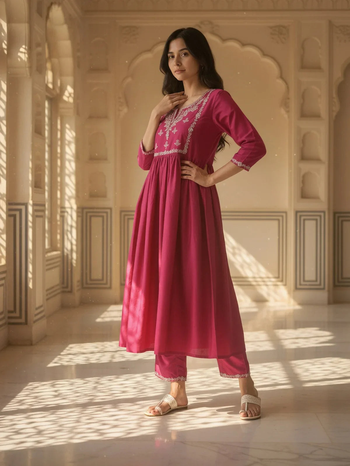 Buy Viscose Embroidered Anarkali Calf Length Kurta with Pant and Dupatta-Pink