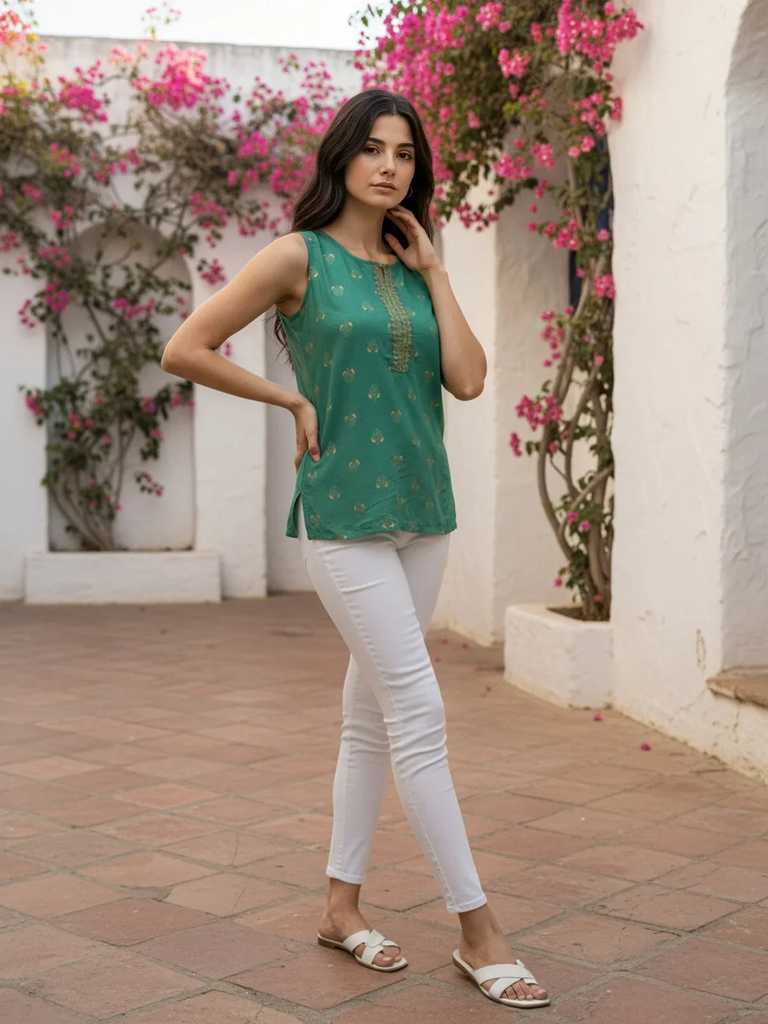 Buy Viscose Printed Straight Short Length Short Kurta-Green