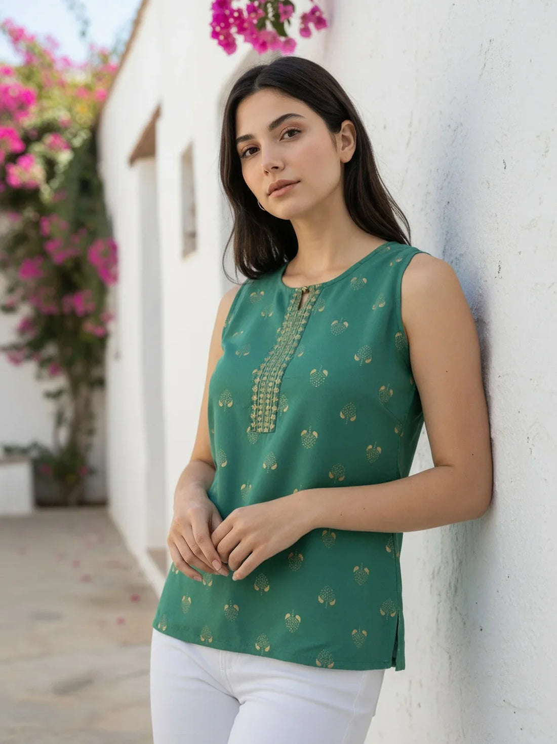 Buy Viscose Printed Straight Short Length Short Kurta-Green