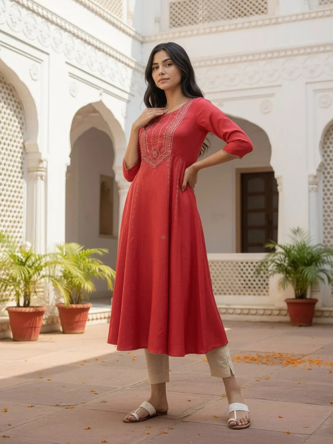 Buy Poly Viscose EmbroideAnarkali Calf Length Kurta-Red