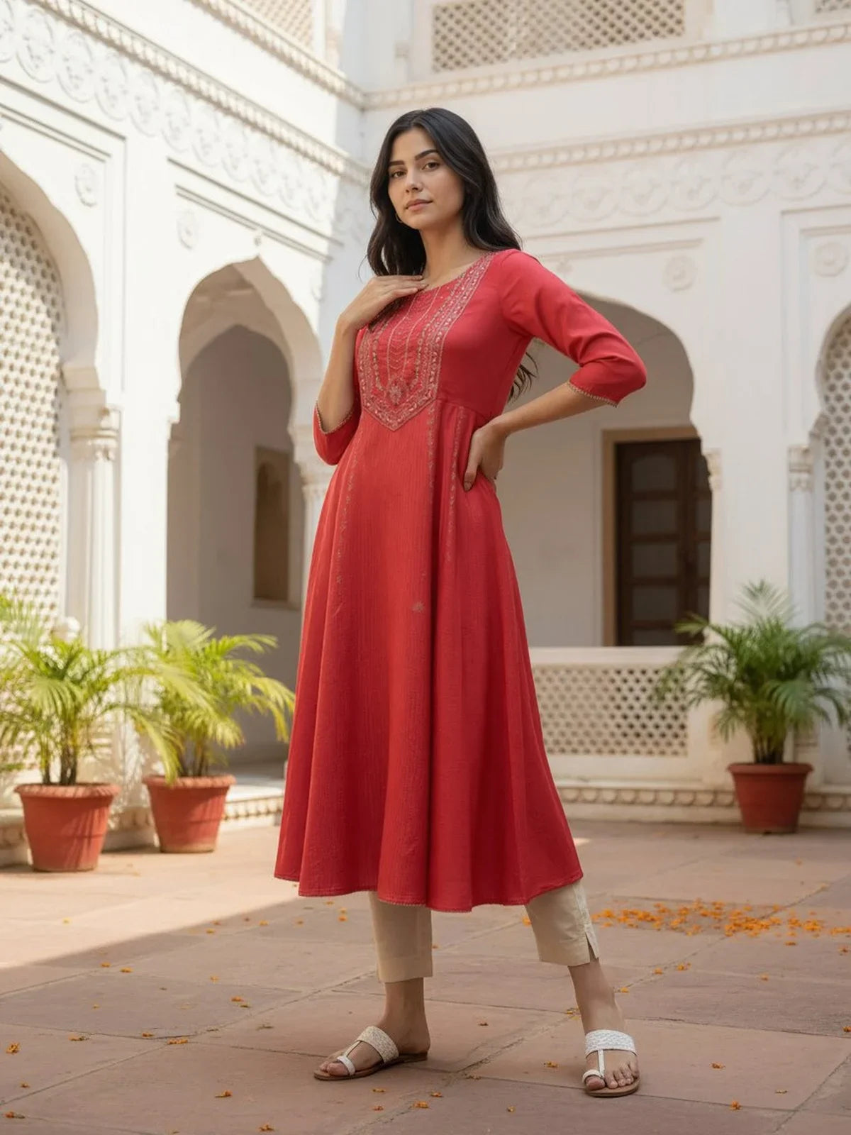 Buy Poly Viscose EmbroideAnarkali Calf Length Kurta-Red