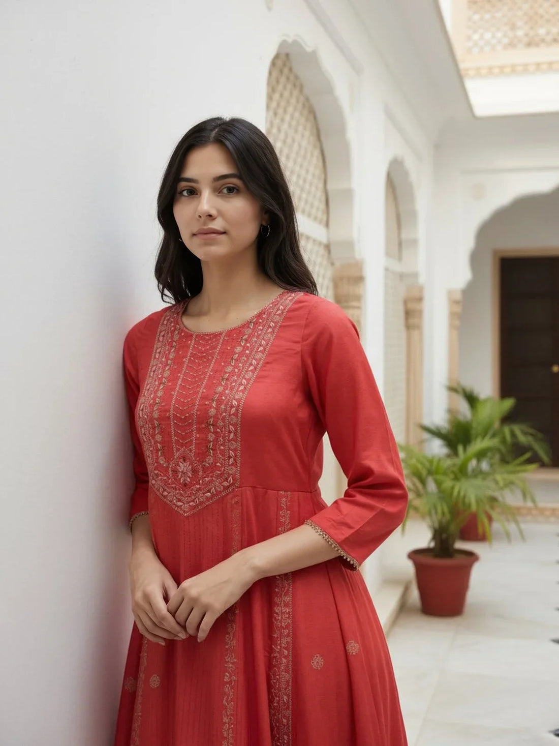Buy Poly Viscose EmbroideAnarkali Calf Length Kurta-Red