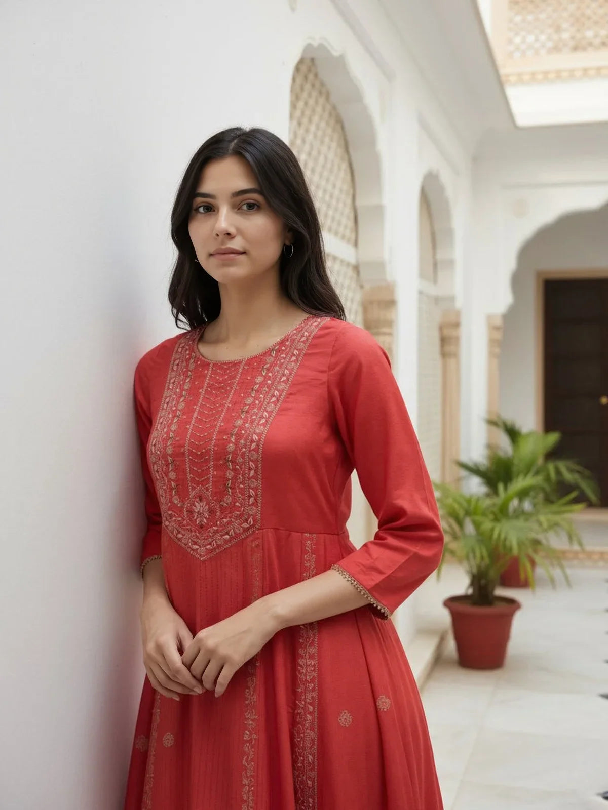 Buy Poly Viscose EmbroideAnarkali Calf Length Kurta-Red