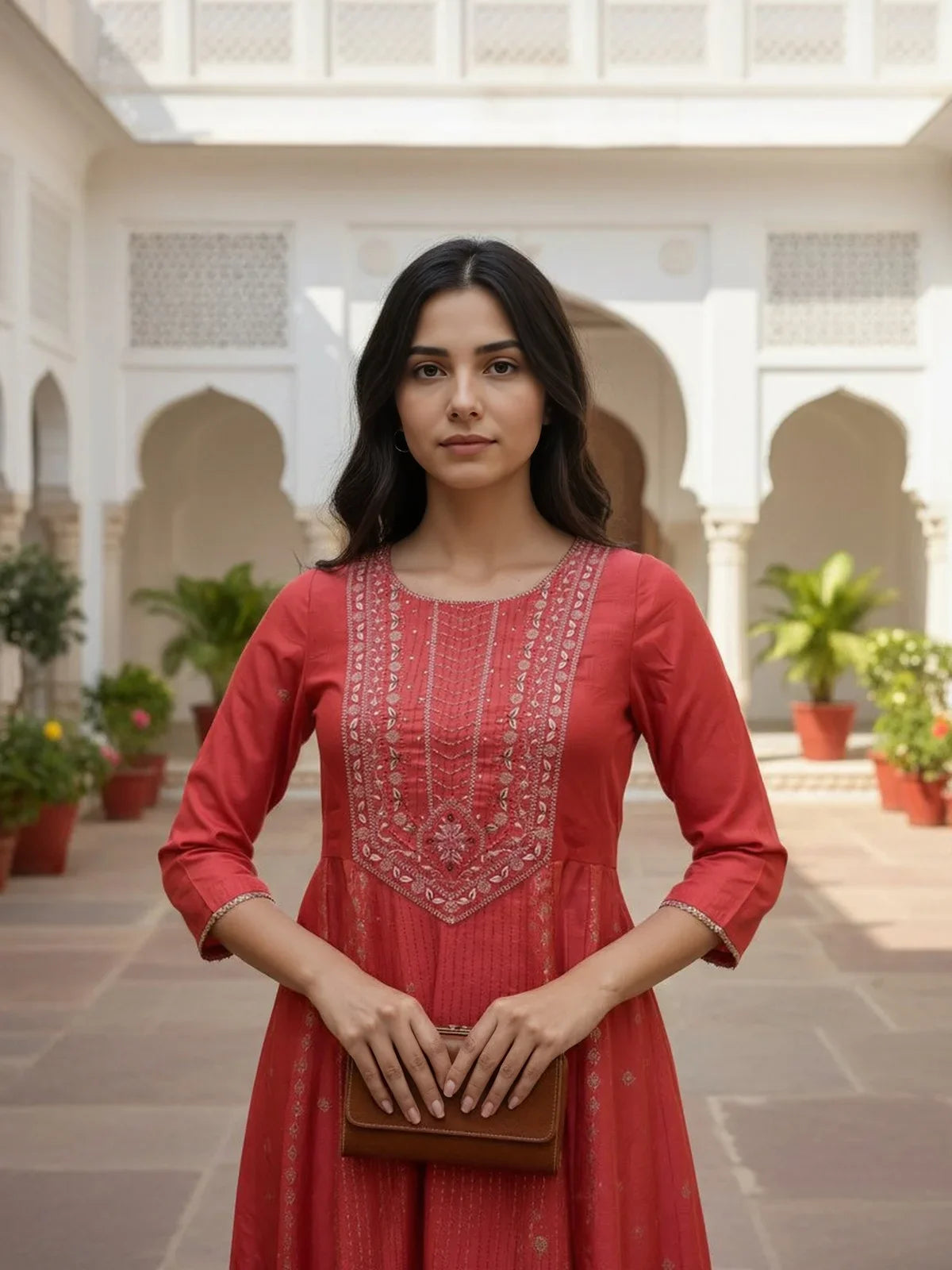 Buy Poly Viscose EmbroideAnarkali Calf Length Kurta-Red
