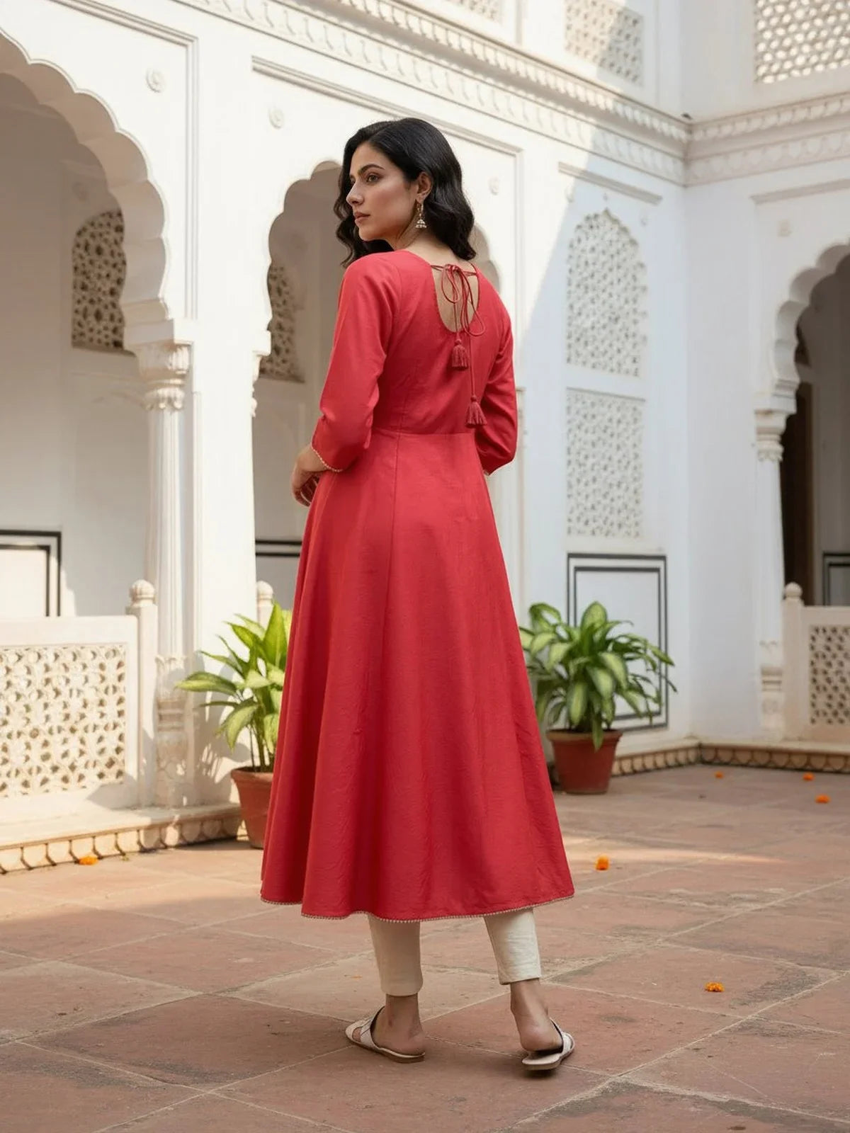 Buy Poly Viscose EmbroideAnarkali Calf Length Kurta-Red