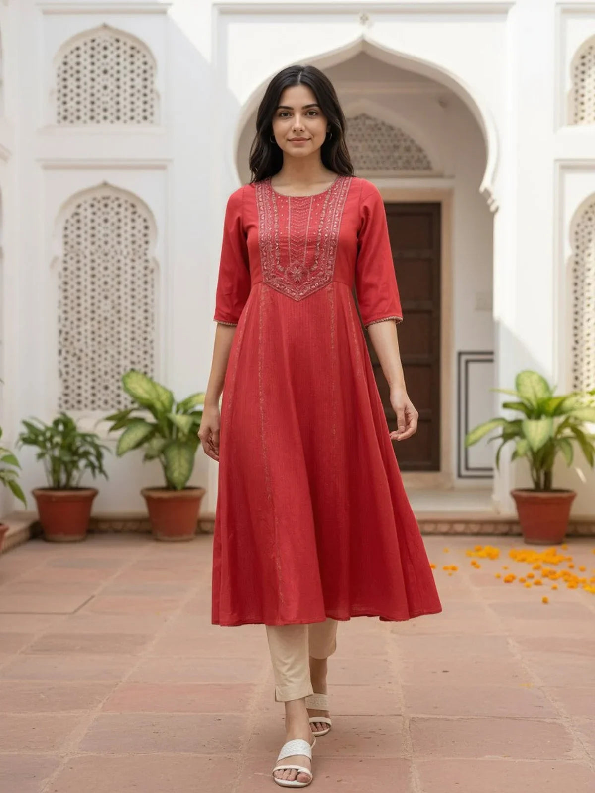 Buy Poly Viscose EmbroideAnarkali Calf Length Kurta-Red