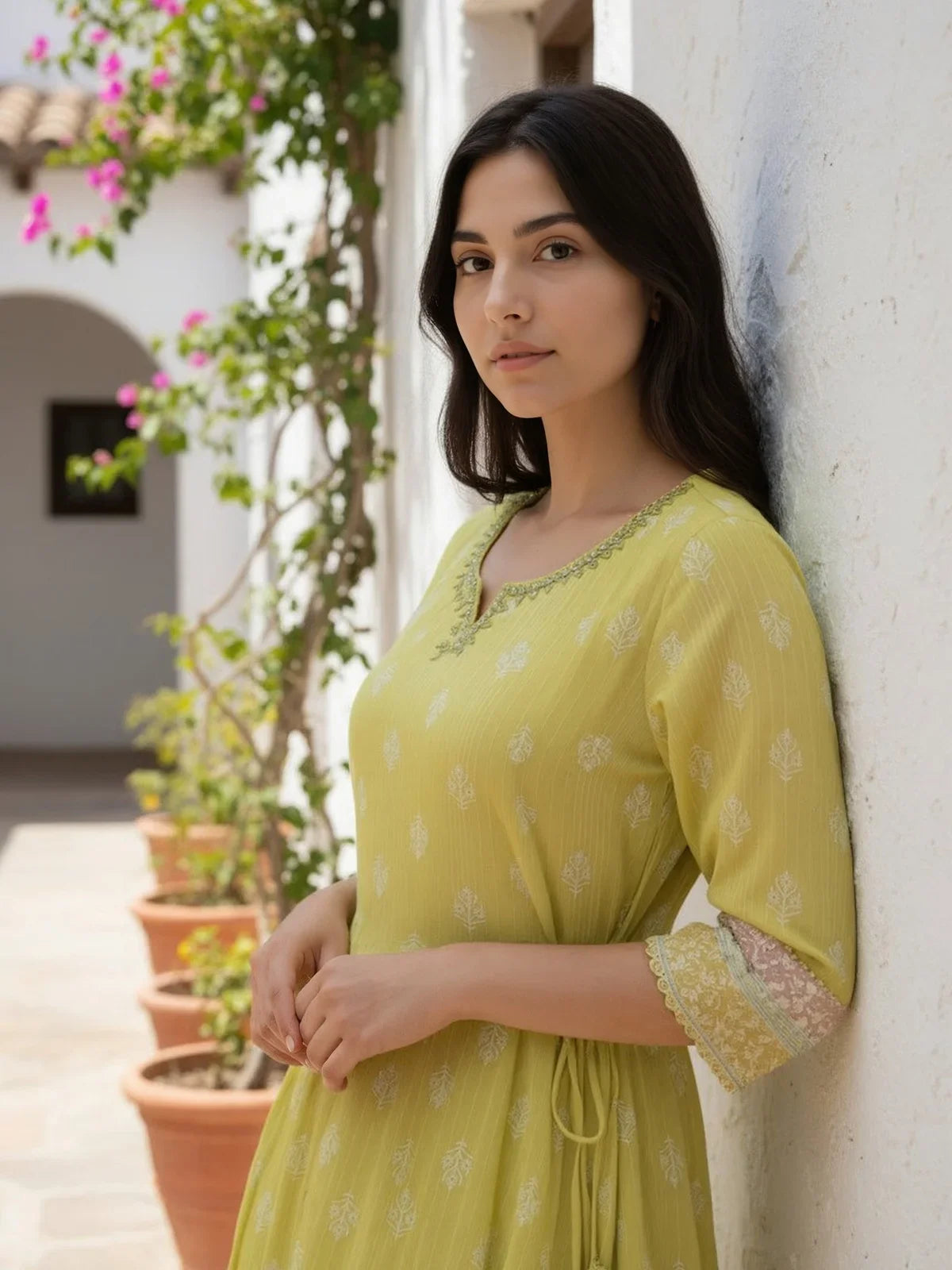Buy Cotton Embroidered Anarkali Calf Length Kurta-Lime Green
