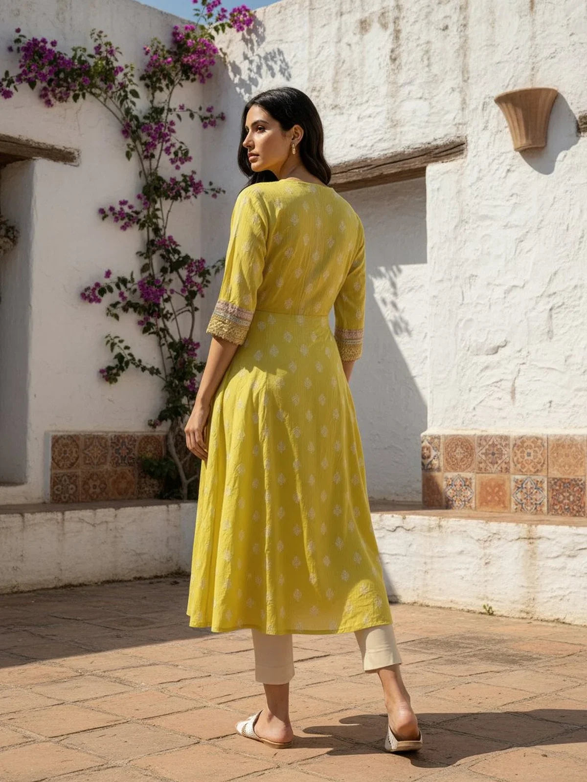 Buy Cotton Embroidered Anarkali Calf Length Kurta-Lime Green