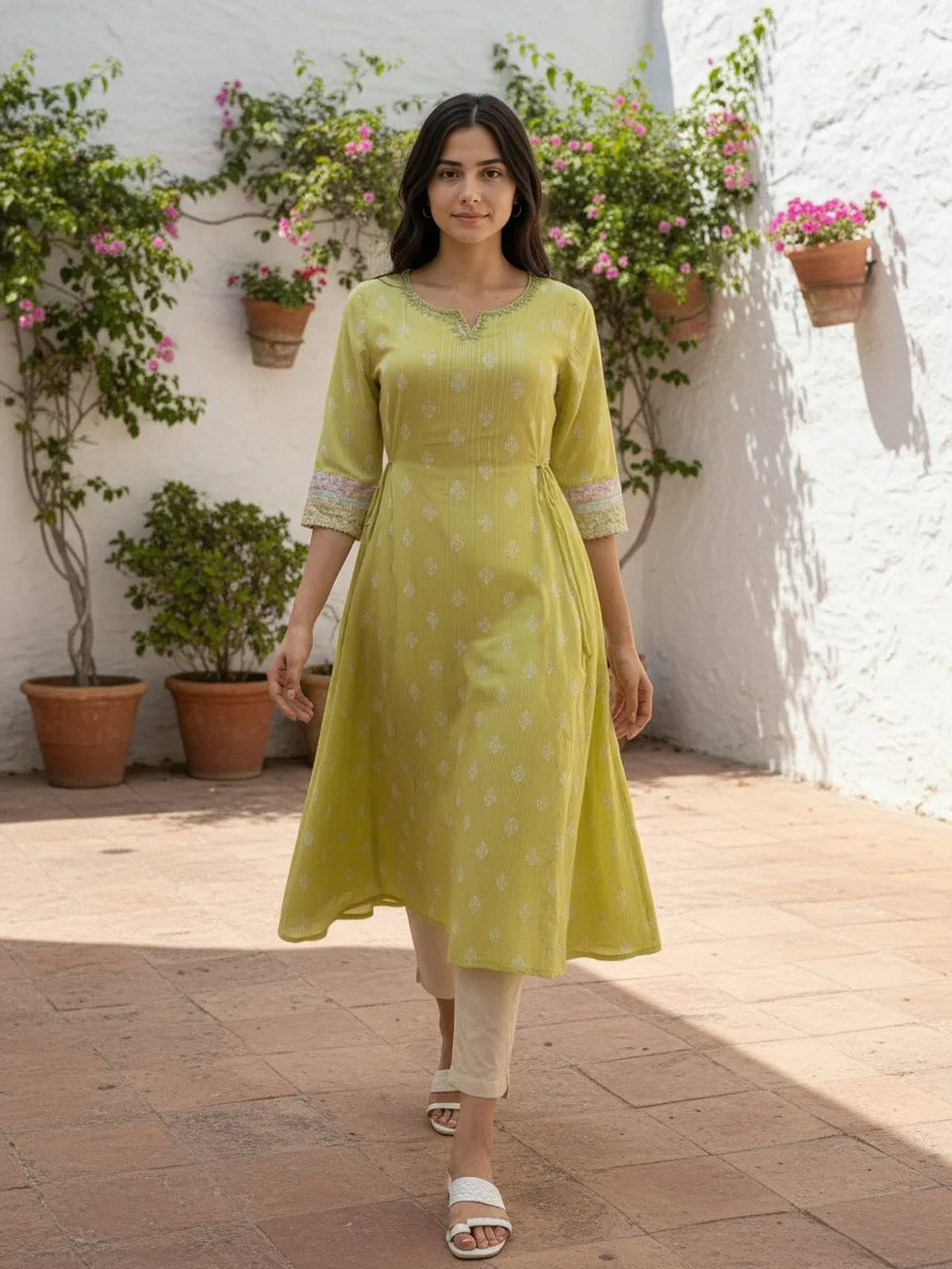 Buy Cotton Embroidered Anarkali Calf Length Kurta-Lime Green