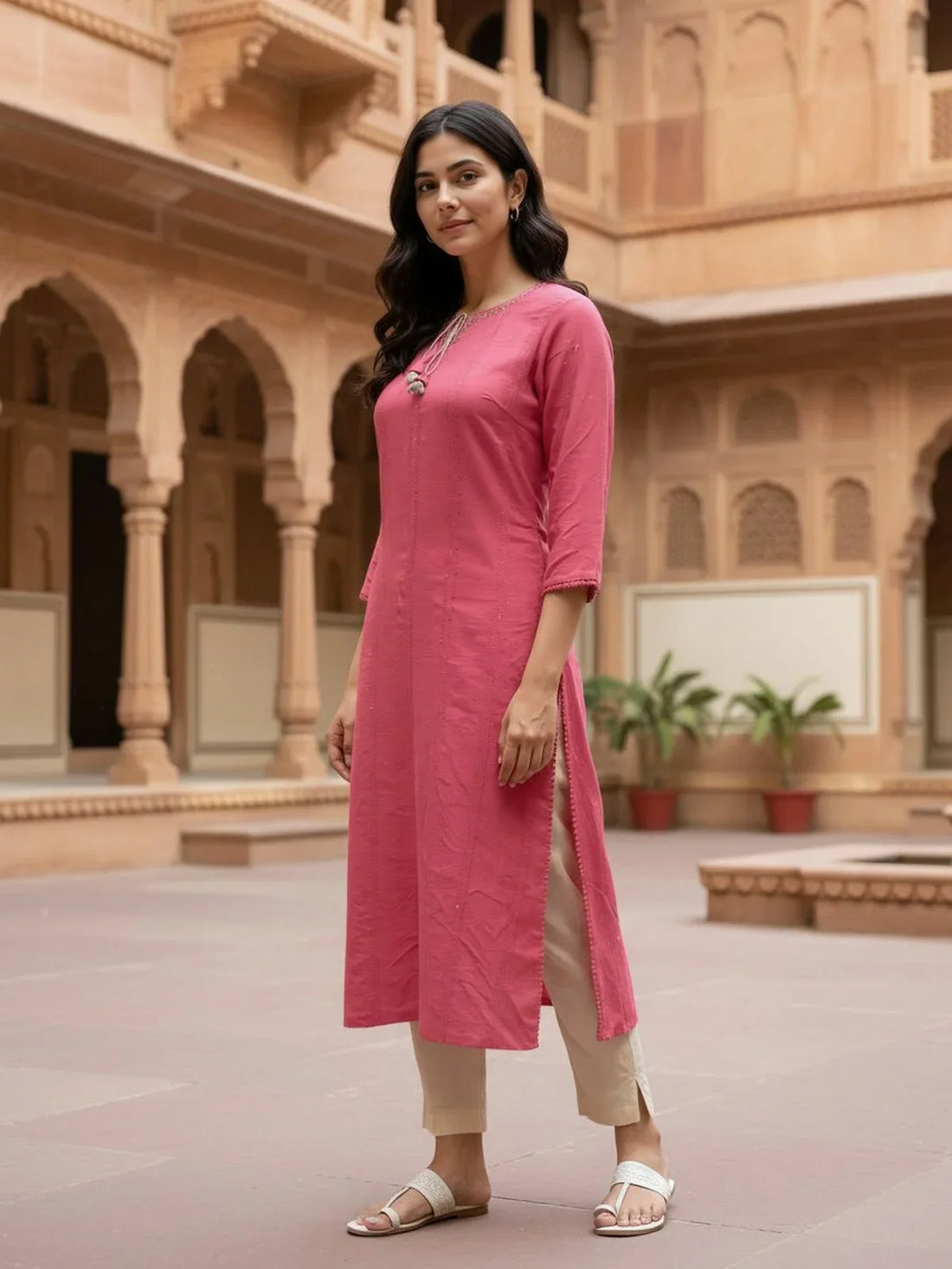 Buy Cotton Embroidered Straight Calf Length Kurta-Pink