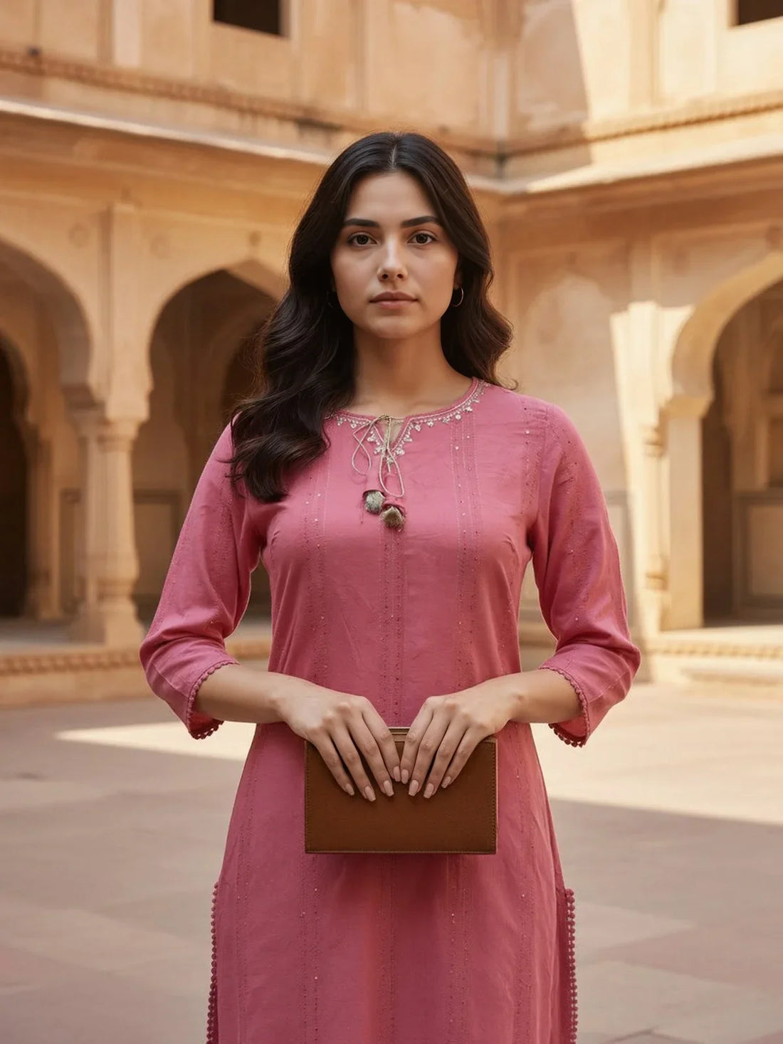 Buy Cotton Embroidered Straight Calf Length Kurta-Pink