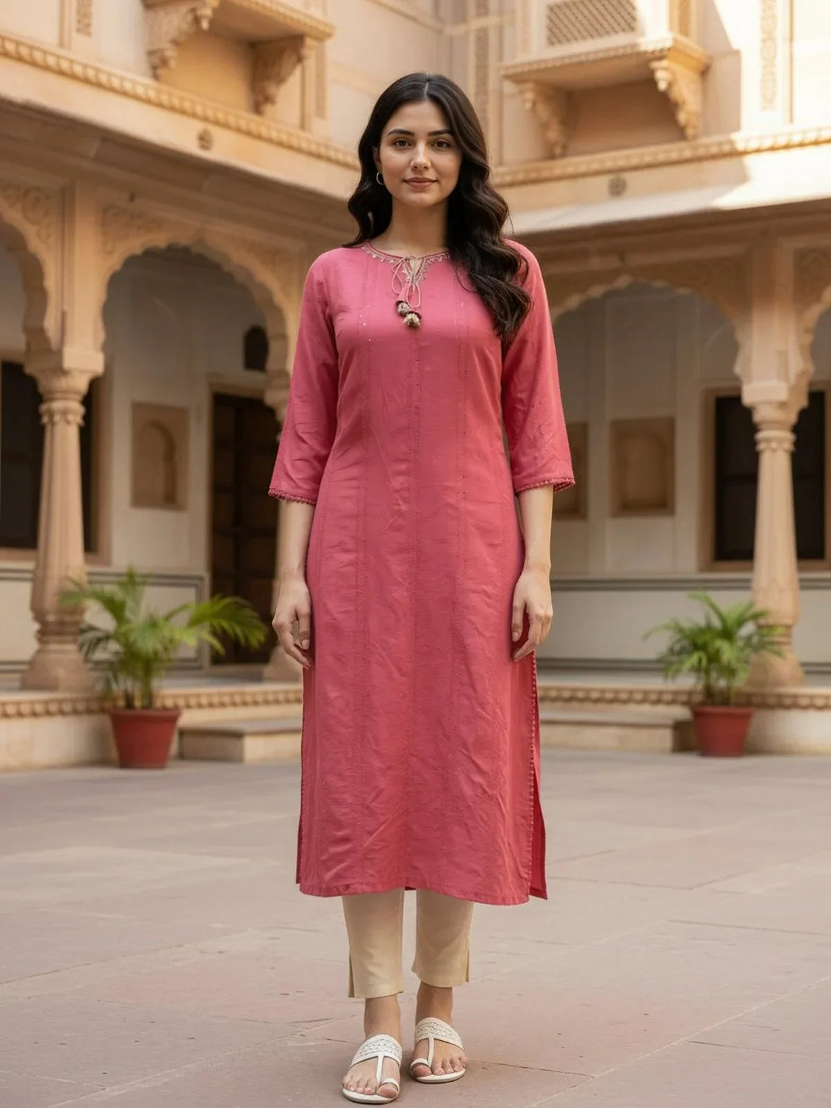 Buy Cotton Embroidered Straight Calf Length Kurta-Pink