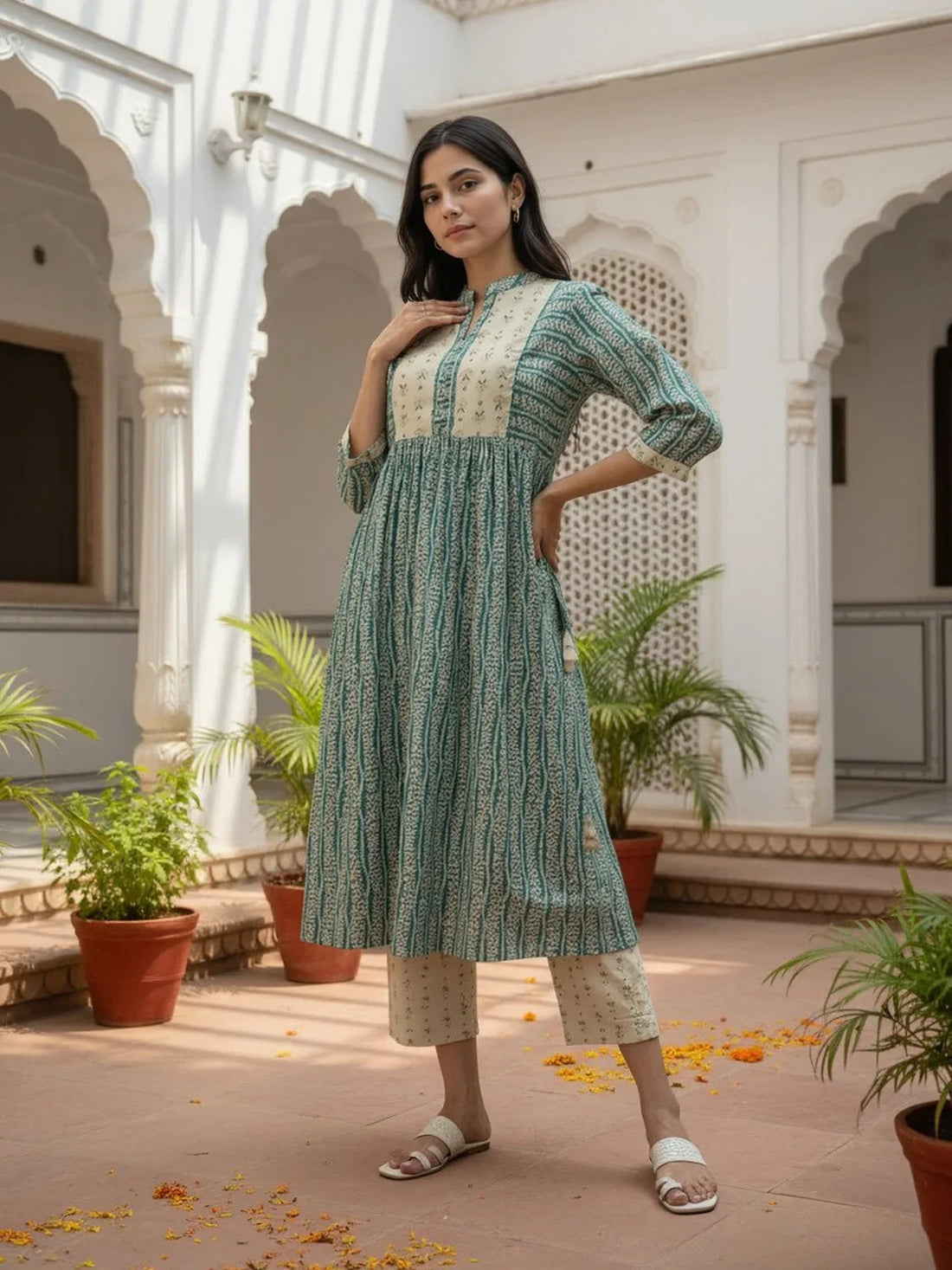 Buy Chanderi Embroidered Flared Calf Length Salwar Suit-Green
