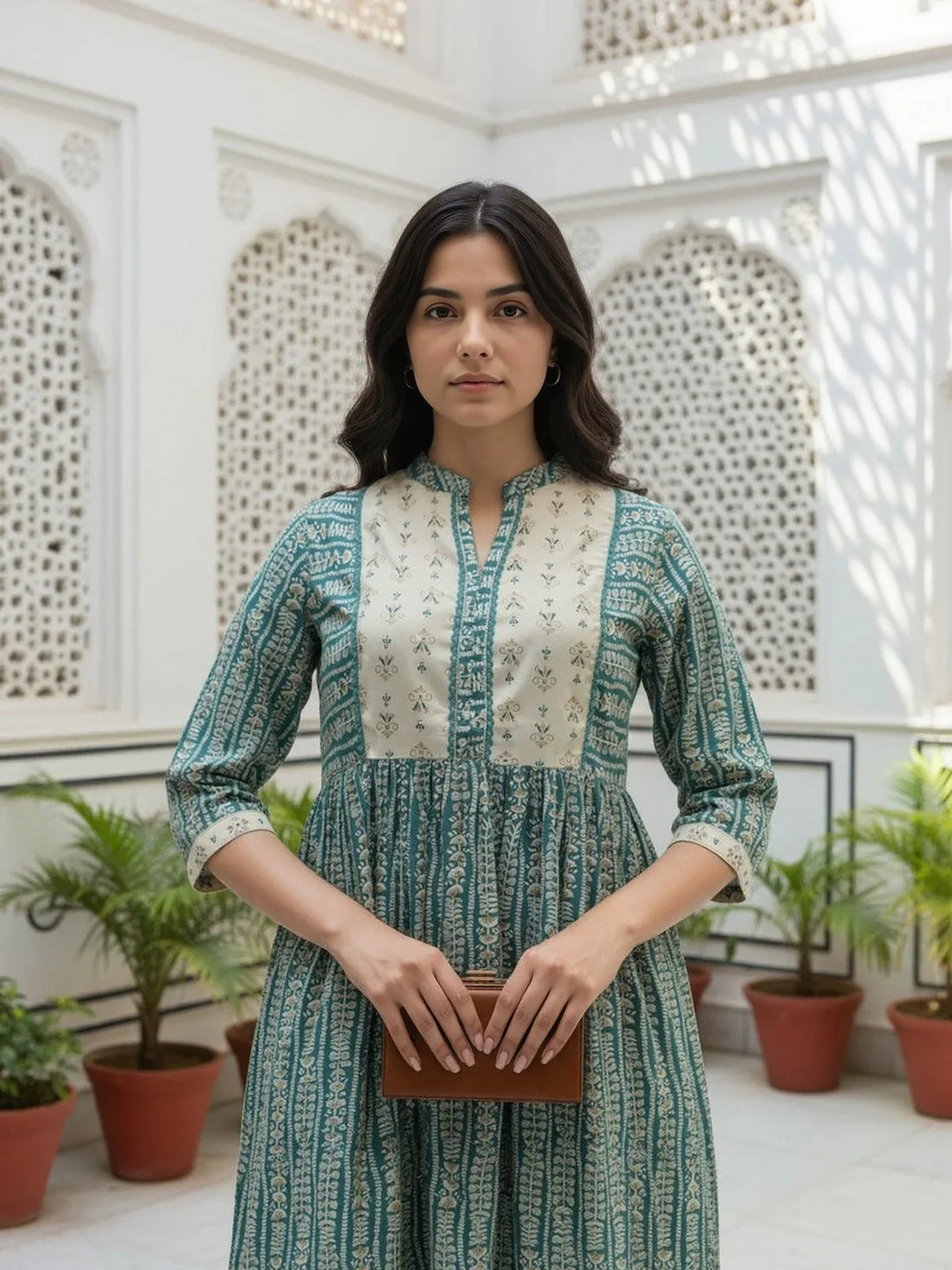 Buy Chanderi Embroidered Flared Calf Length Salwar Suit-Green