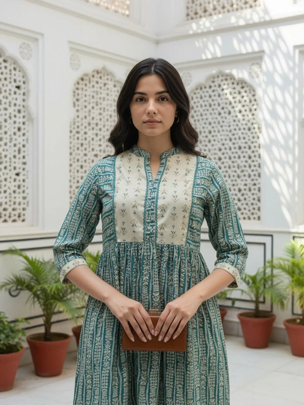 Buy Chanderi Embroidered Flared Calf Length Salwar Suit-Green