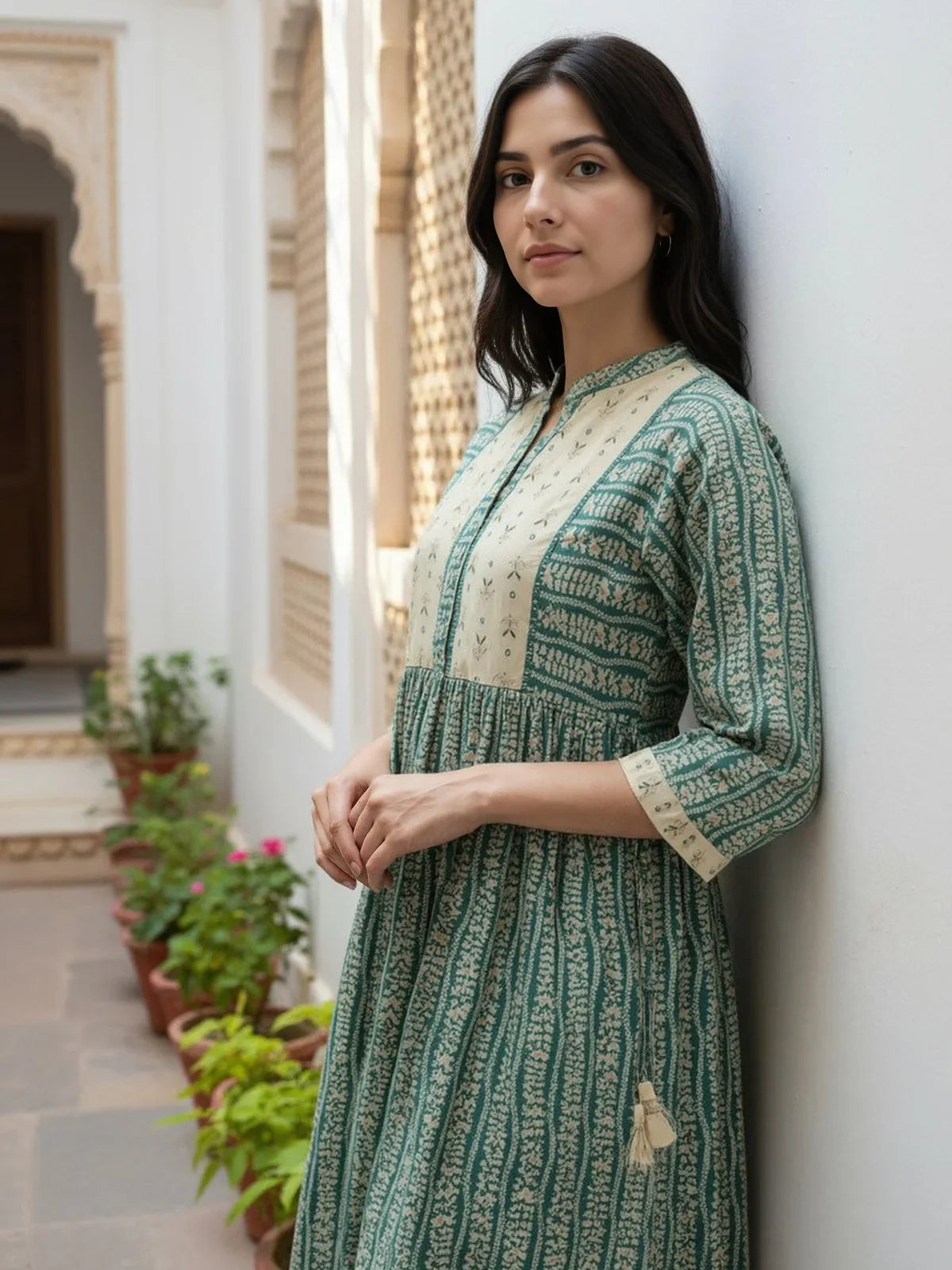 Buy Chanderi Embroidered Flared Calf Length Salwar Suit-Green