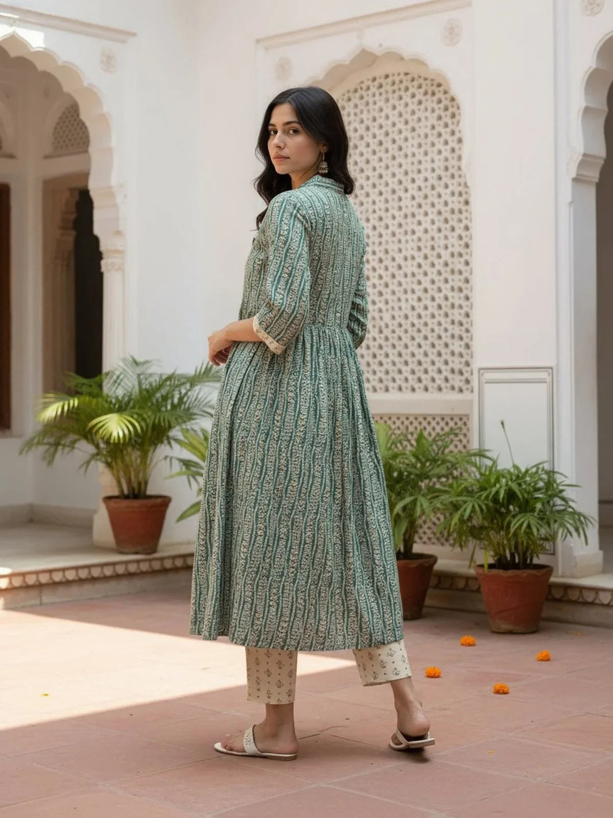 Buy Chanderi Embroidered Flared Calf Length Salwar Suit-Green