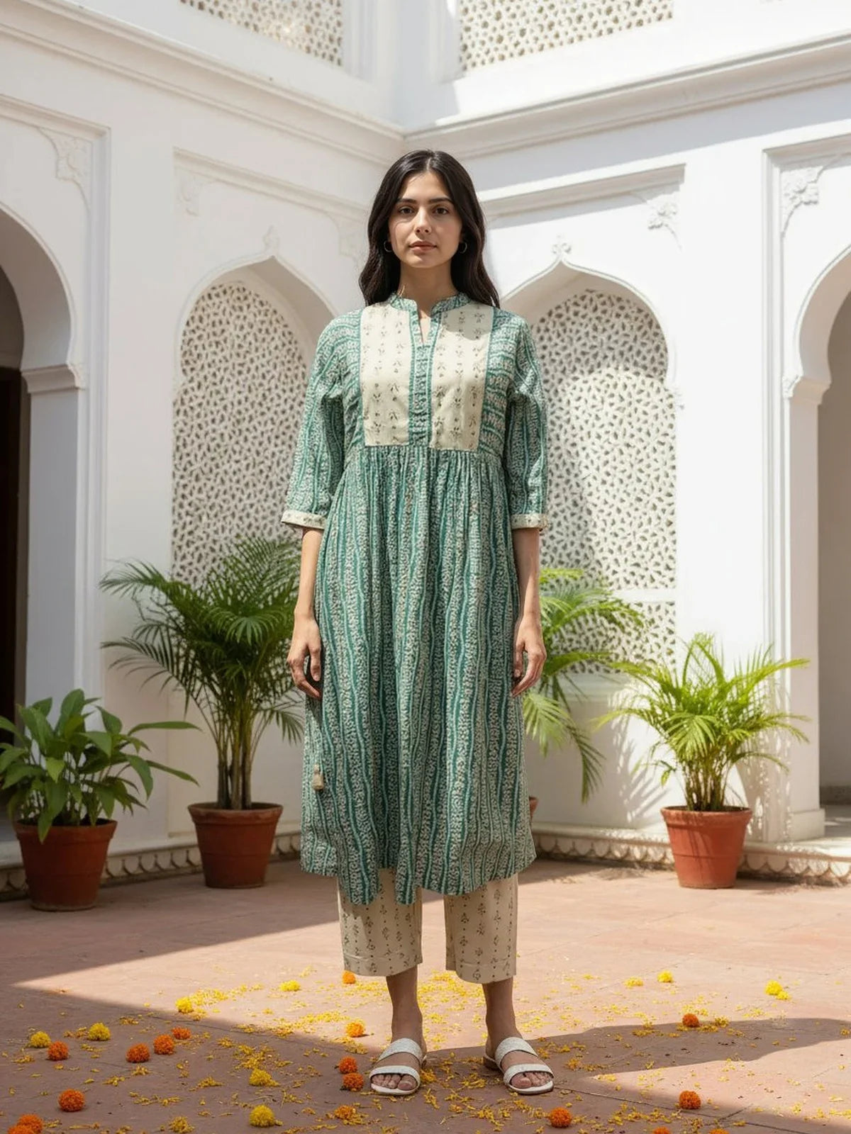 Buy Chanderi Embroidered Flared Calf Length Salwar Suit-Green