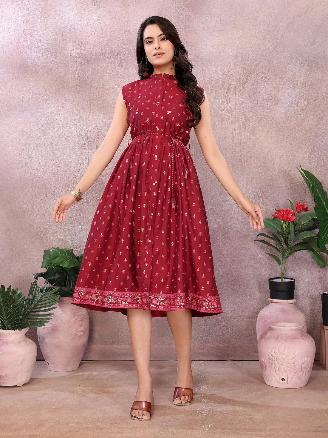 Buy Viscose Poly Printed Flared Calf Length Dress-Maroon