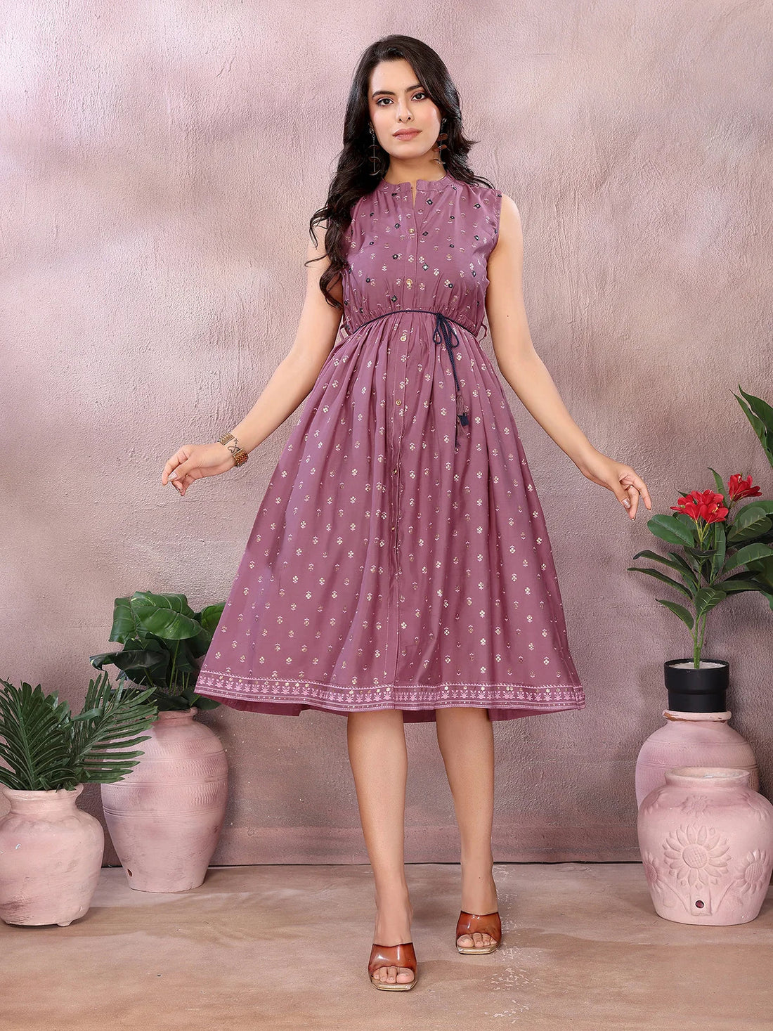Buy Viscose Poly Printed Flared Calf Length Dress-Mauve