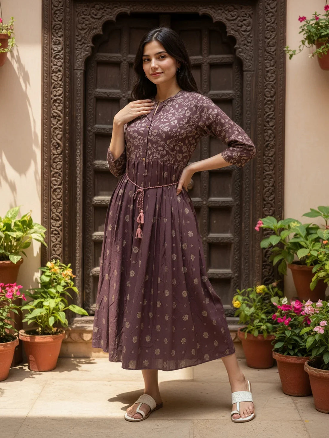Buy Rayon Printed Flared Calf Length Dress-Brown