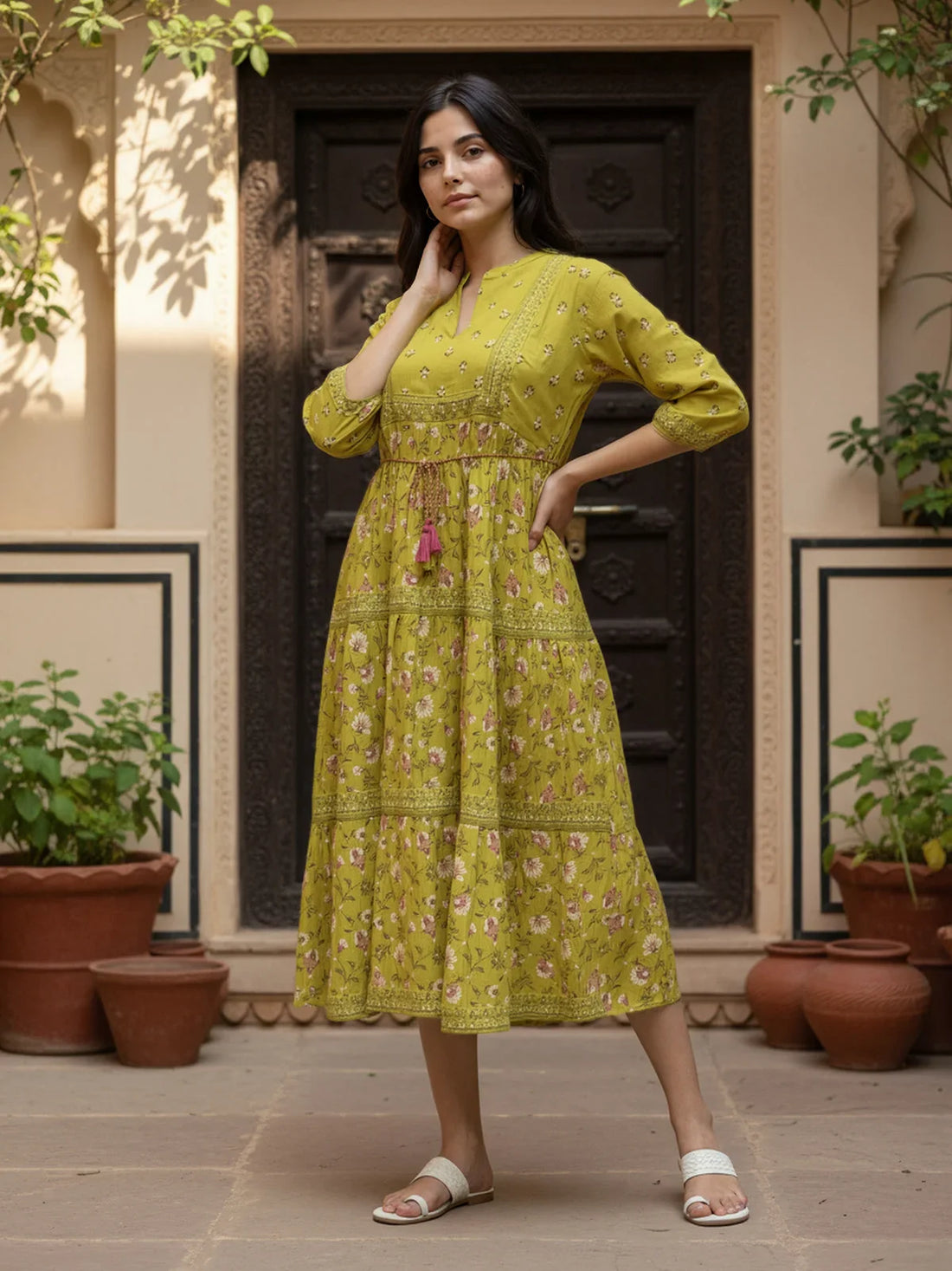 Buy Viscose Poly Printed Flared Calf Length Dress-Lime Green
