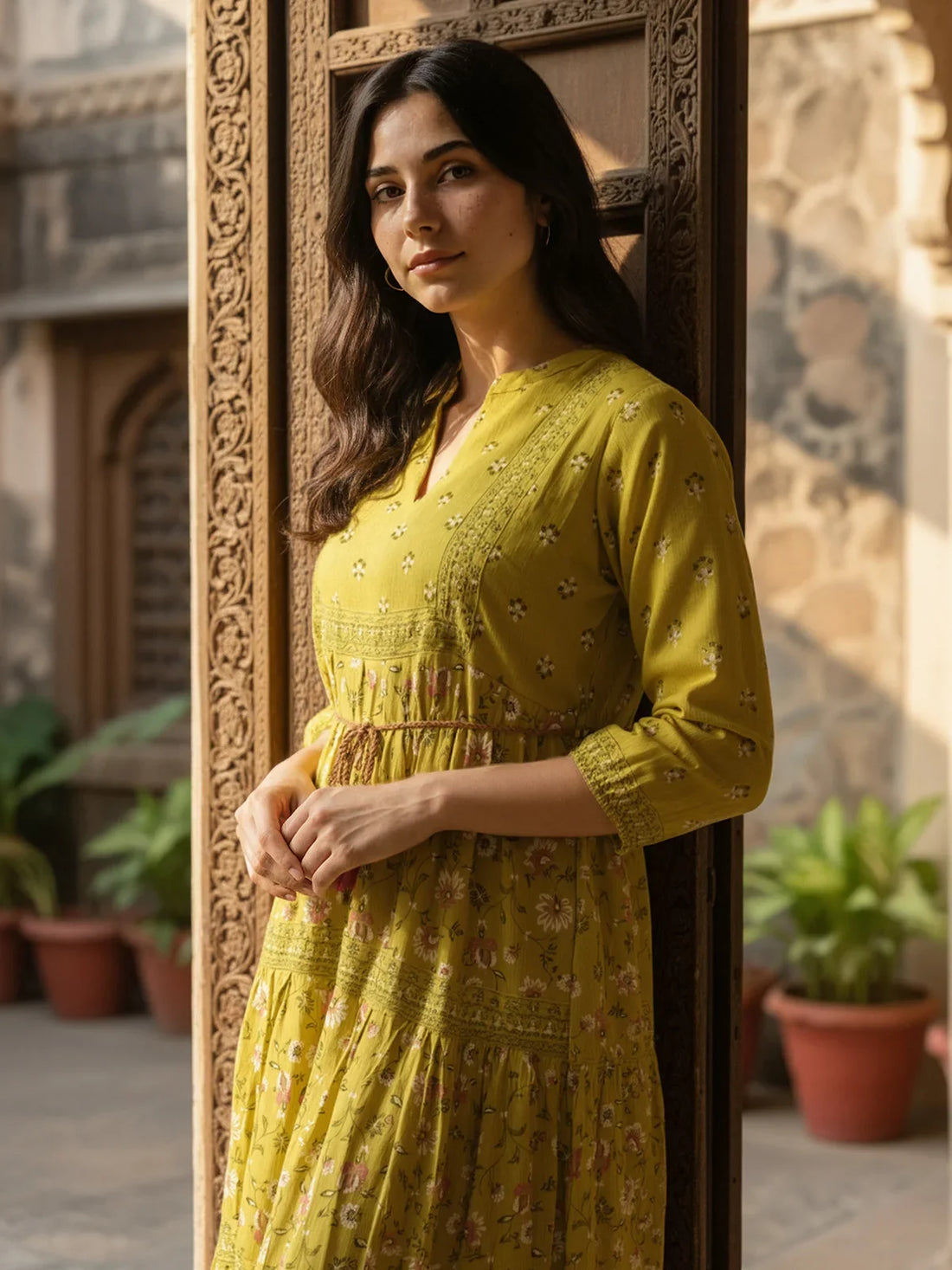 Buy Viscose Poly Printed Flared Calf Length Dress-Lime Green