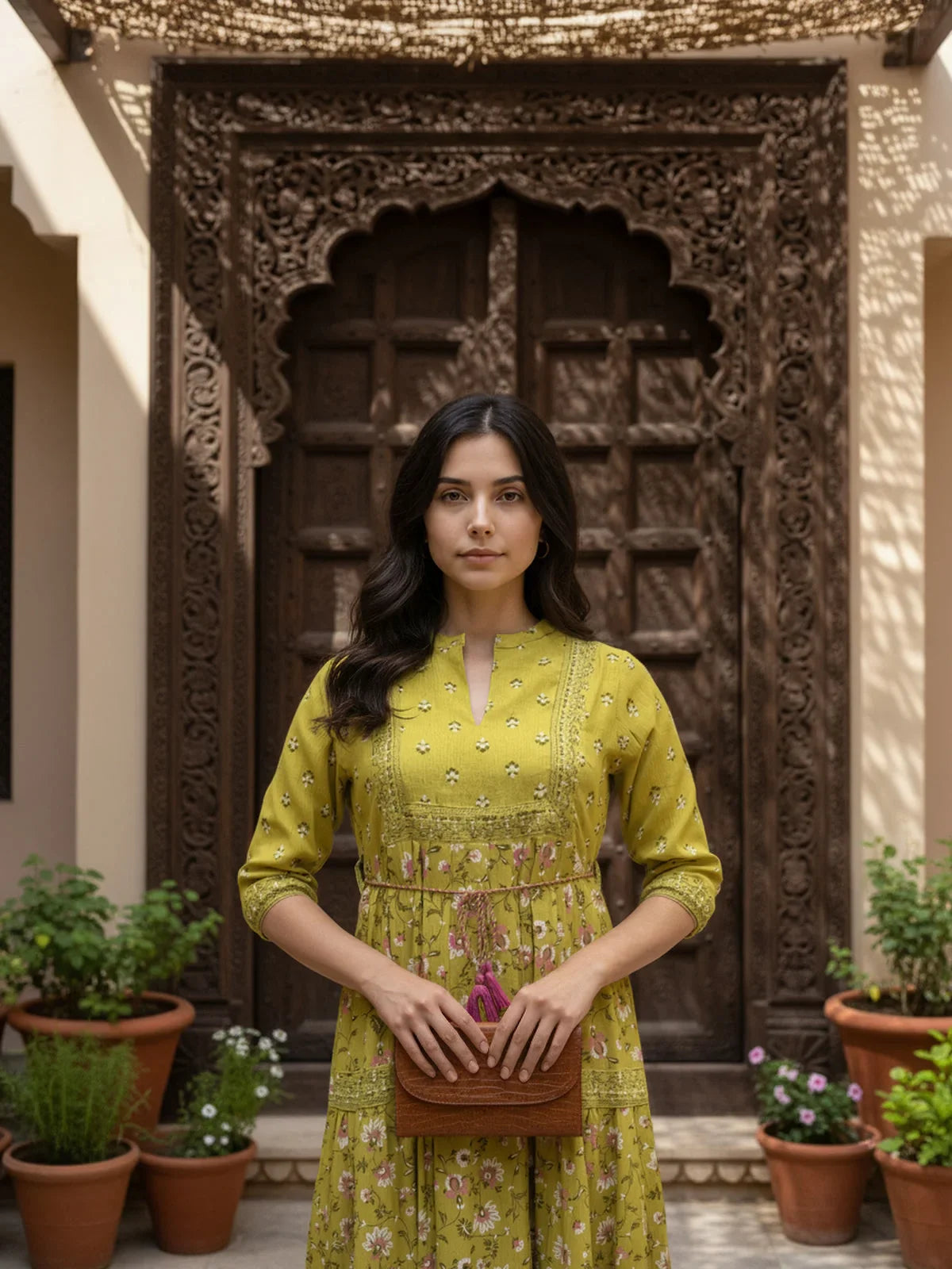 Buy Viscose Poly Printed Flared Calf Length Dress-Lime Green