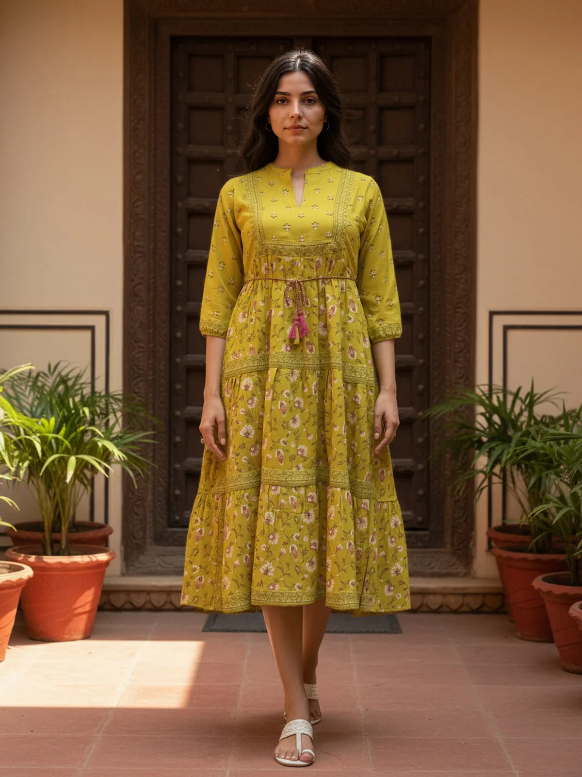 Buy Viscose Poly Printed Flared Calf Length Dress-Lime Green
