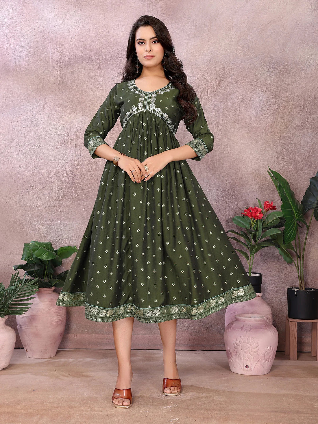 Buy Viscose Poly Printed Flared Calf Length Dress-Green