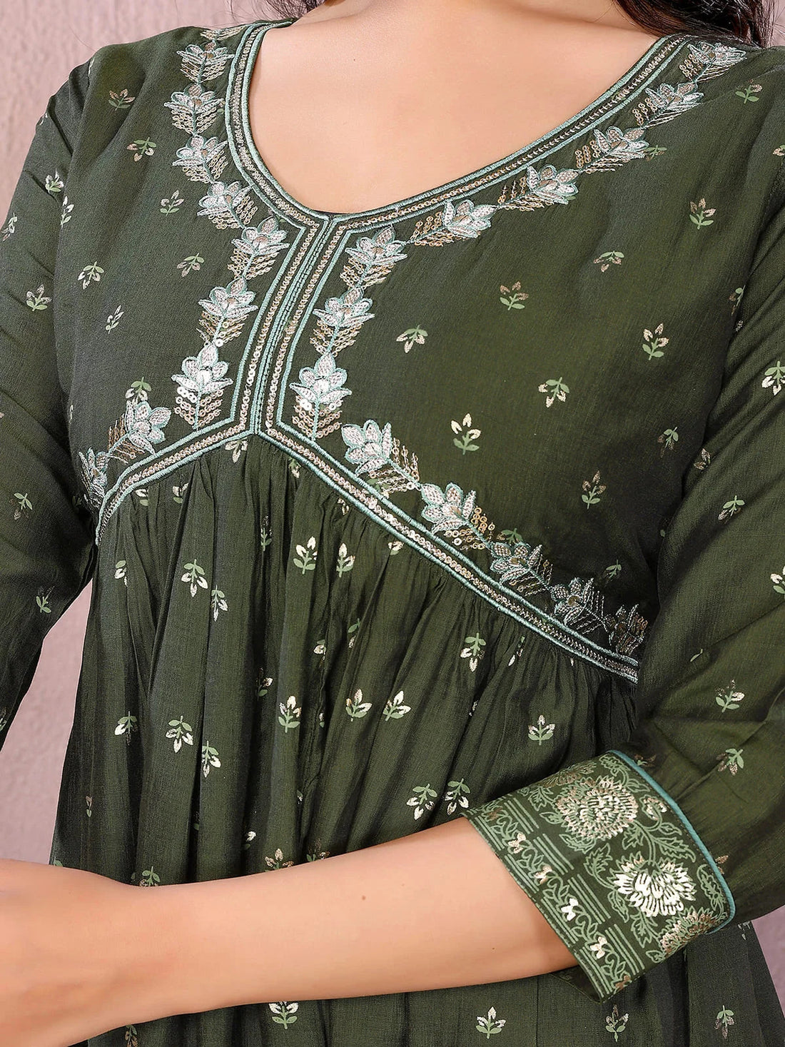 Buy Viscose Poly Printed Flared Calf Length Dress-Green