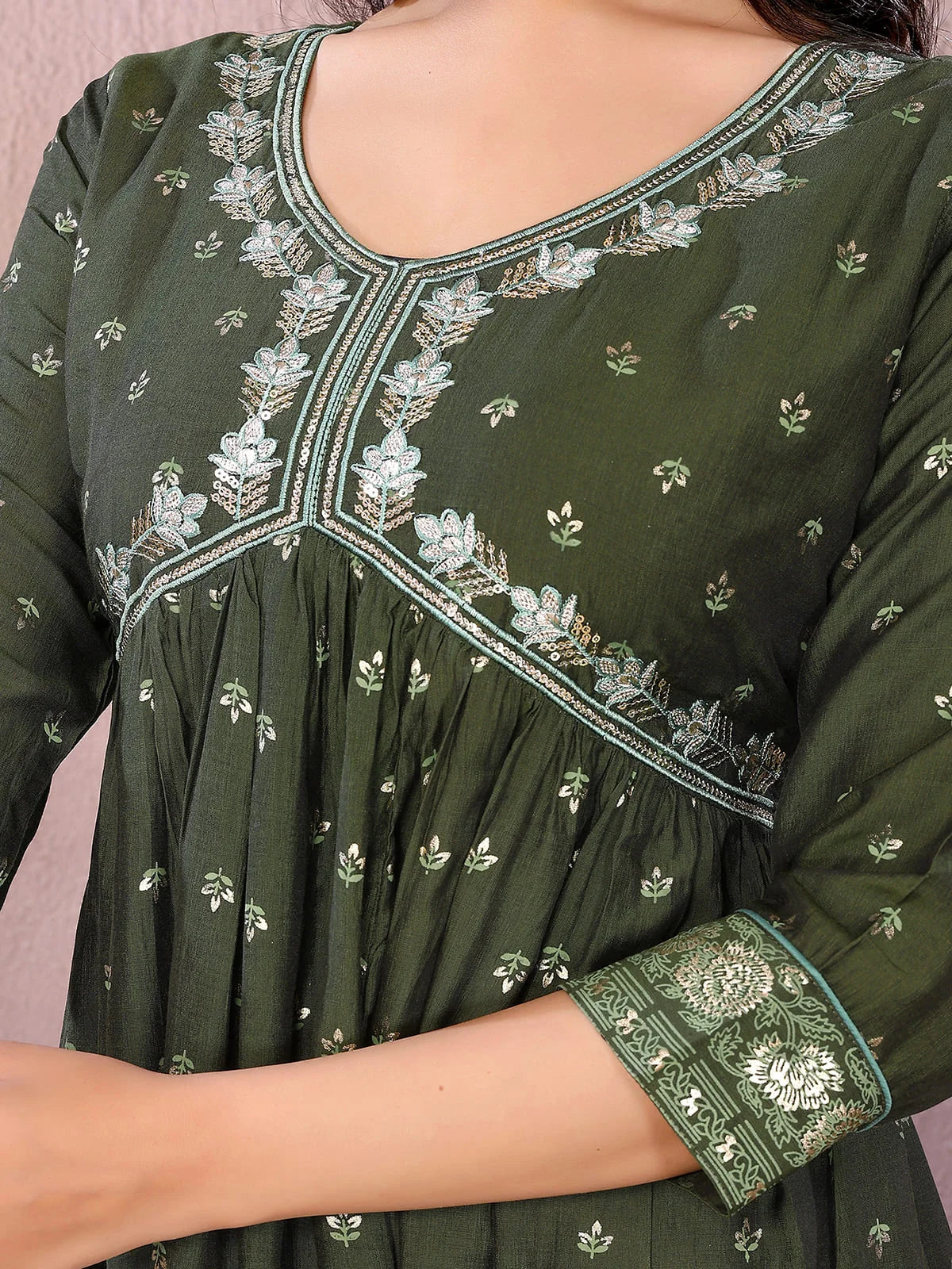 Buy Viscose Poly Printed Flared Calf Length Dress-Green
