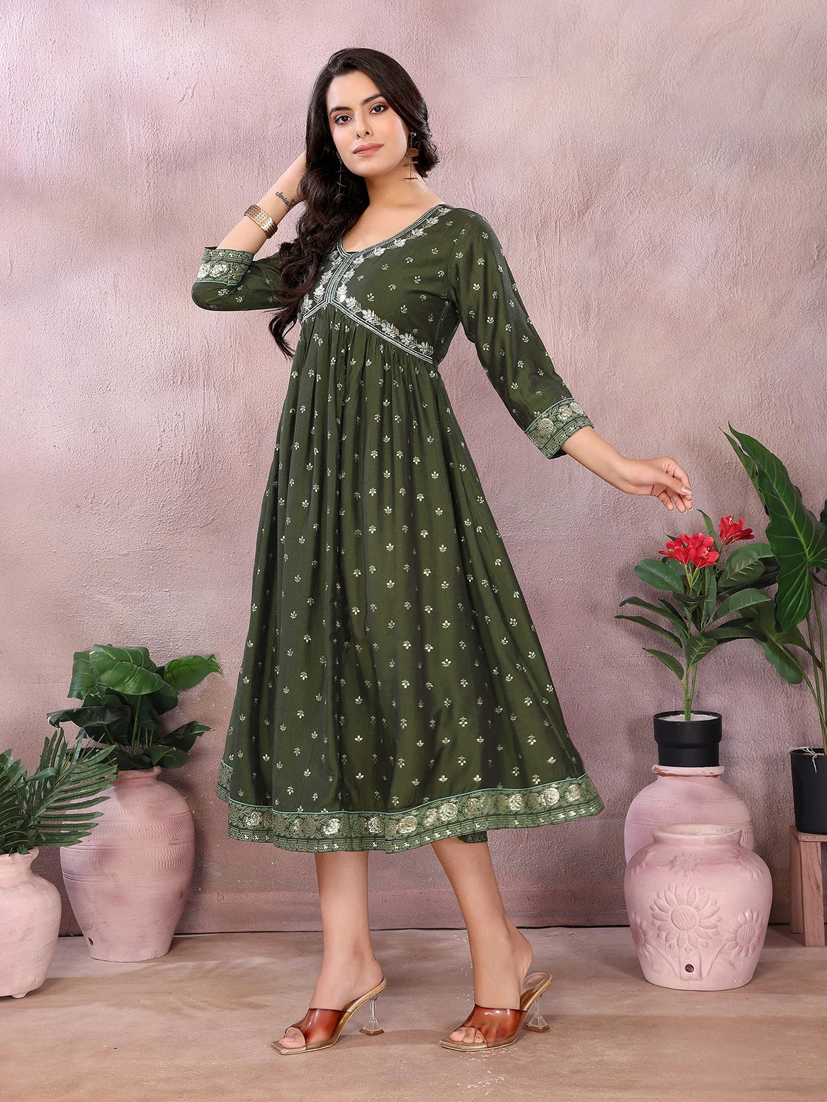 Buy Viscose Poly Printed Flared Calf Length Dress-Green