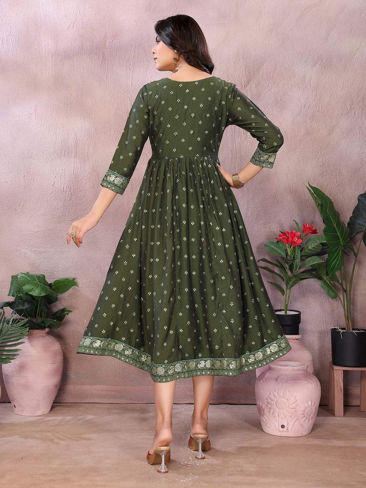 Buy Viscose Poly Printed Flared Calf Length Dress-Green