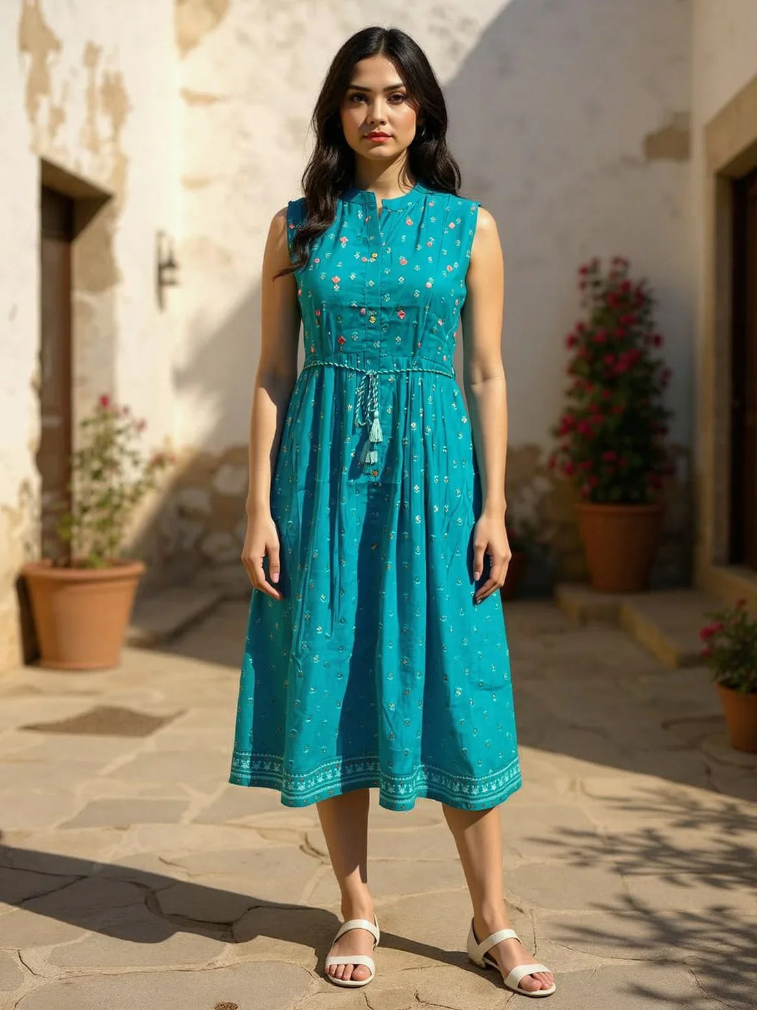 Buy Cotton Embroidered Flared Calf Length Dress-Teal