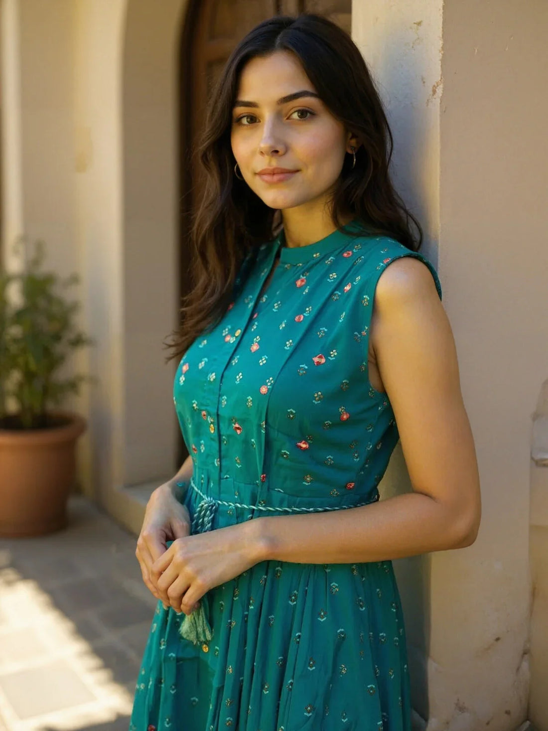 Buy Cotton Embroidered Flared Calf Length Dress-Teal