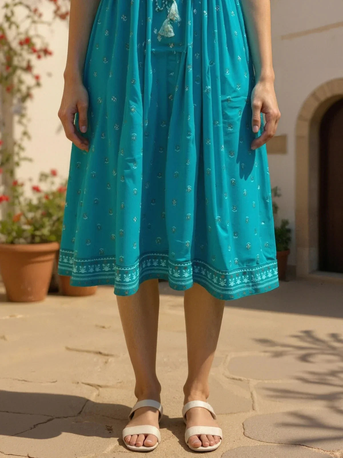 Buy Cotton Embroidered Flared Calf Length Dress-Teal