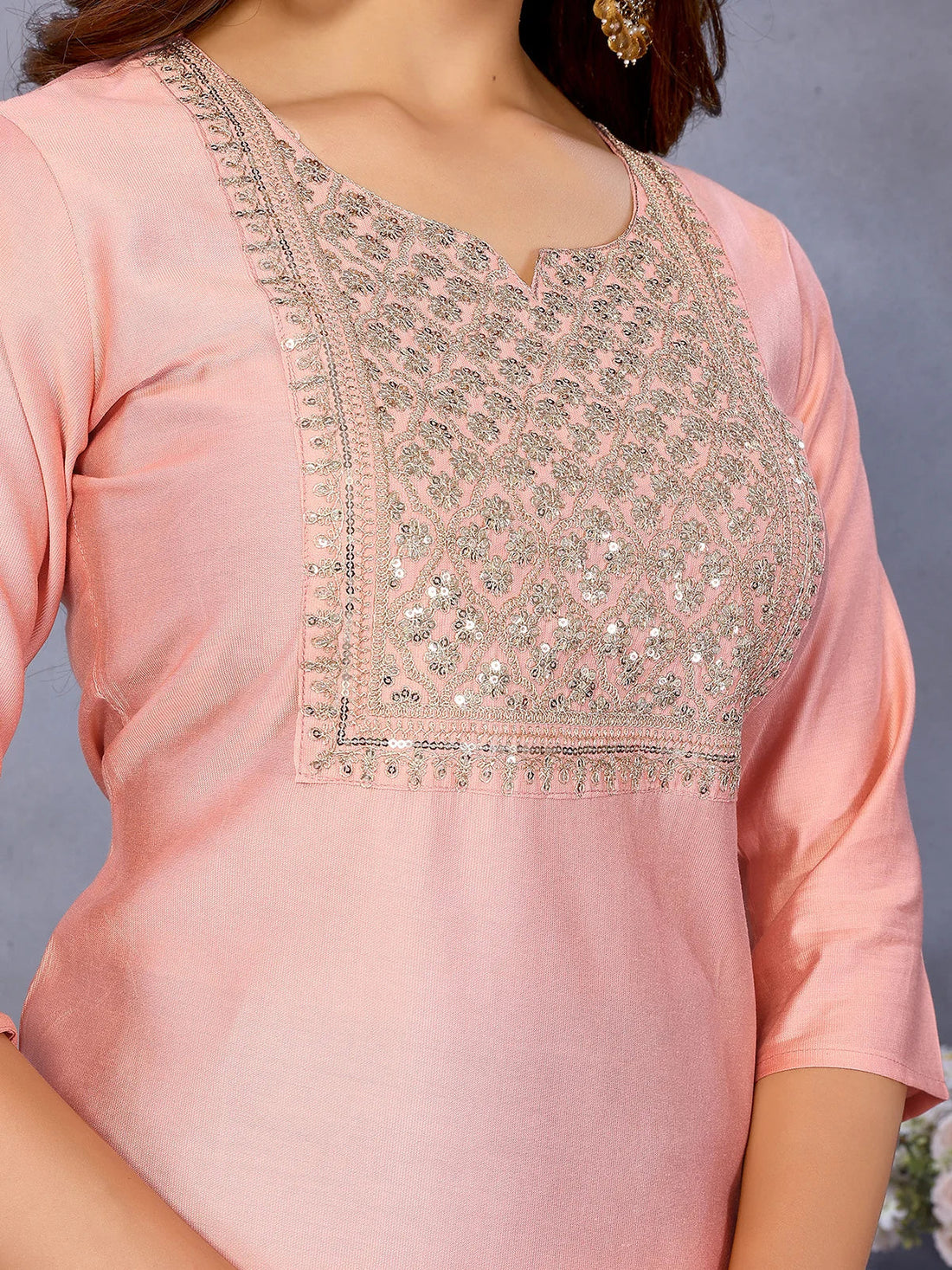 Buy Viscose Poly Embroidered Straight Calf Length Kurta-Peach