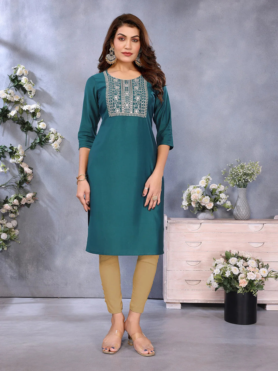 Buy Viscose Poly Embroidered Straight Calf Length Kurta-Teal