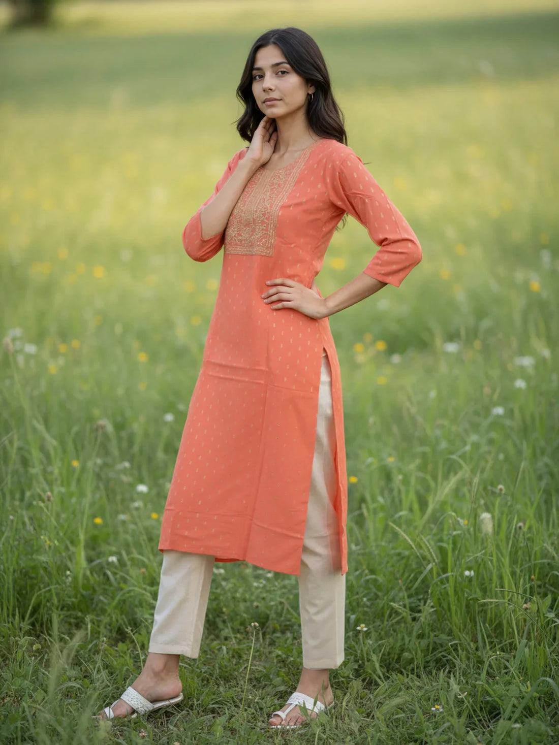 Buy Viscose Embroidered Flared Calf Length KURTA-Peach