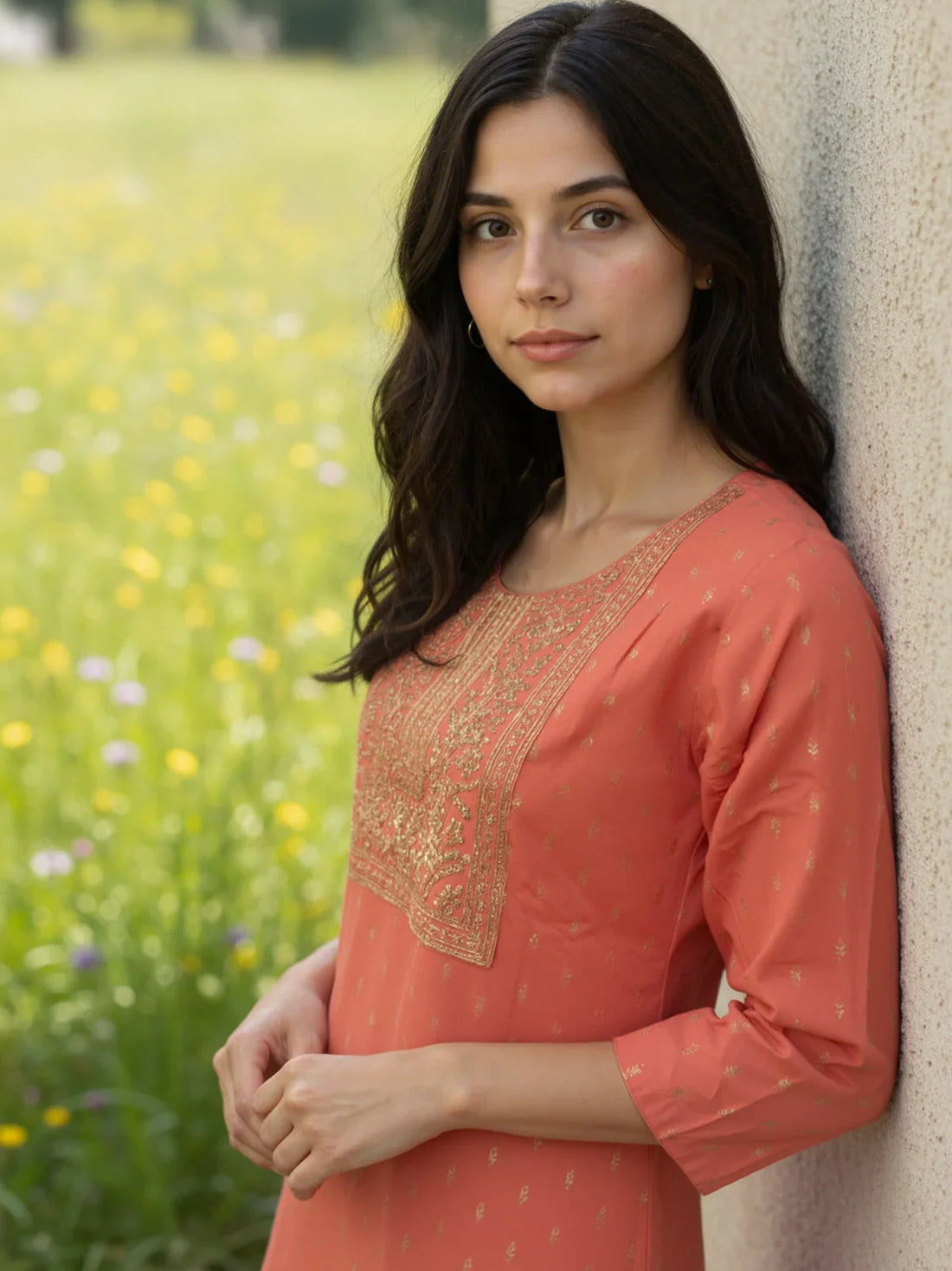 Buy Viscose Embroidered Flared Calf Length KURTA-Peach