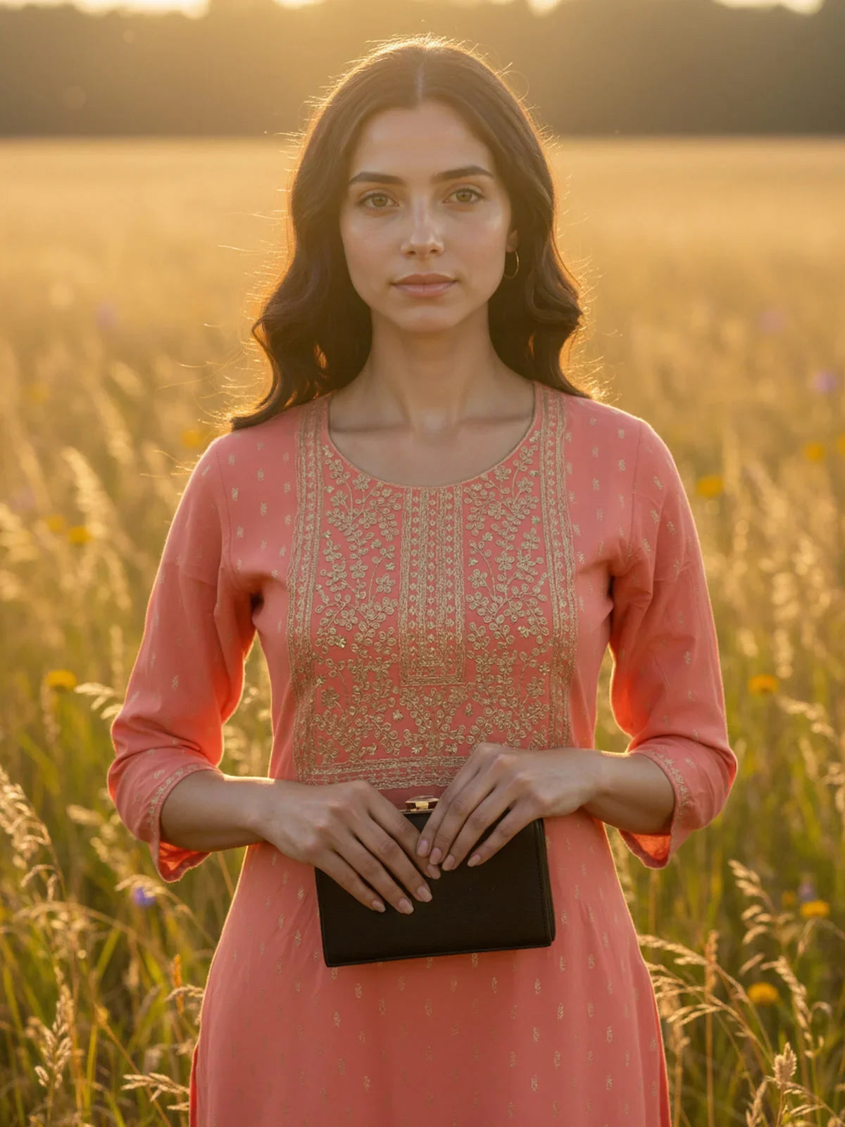 Buy Viscose Embroidered Flared Calf Length KURTA-Peach
