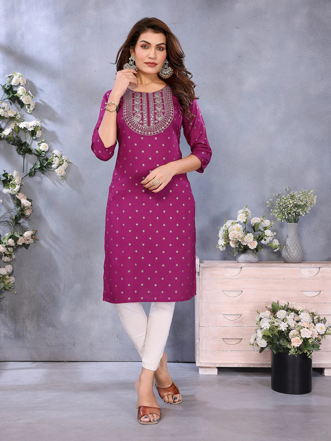 Buy Viscose Embroidered Straight Calf Length Kurta-Wine