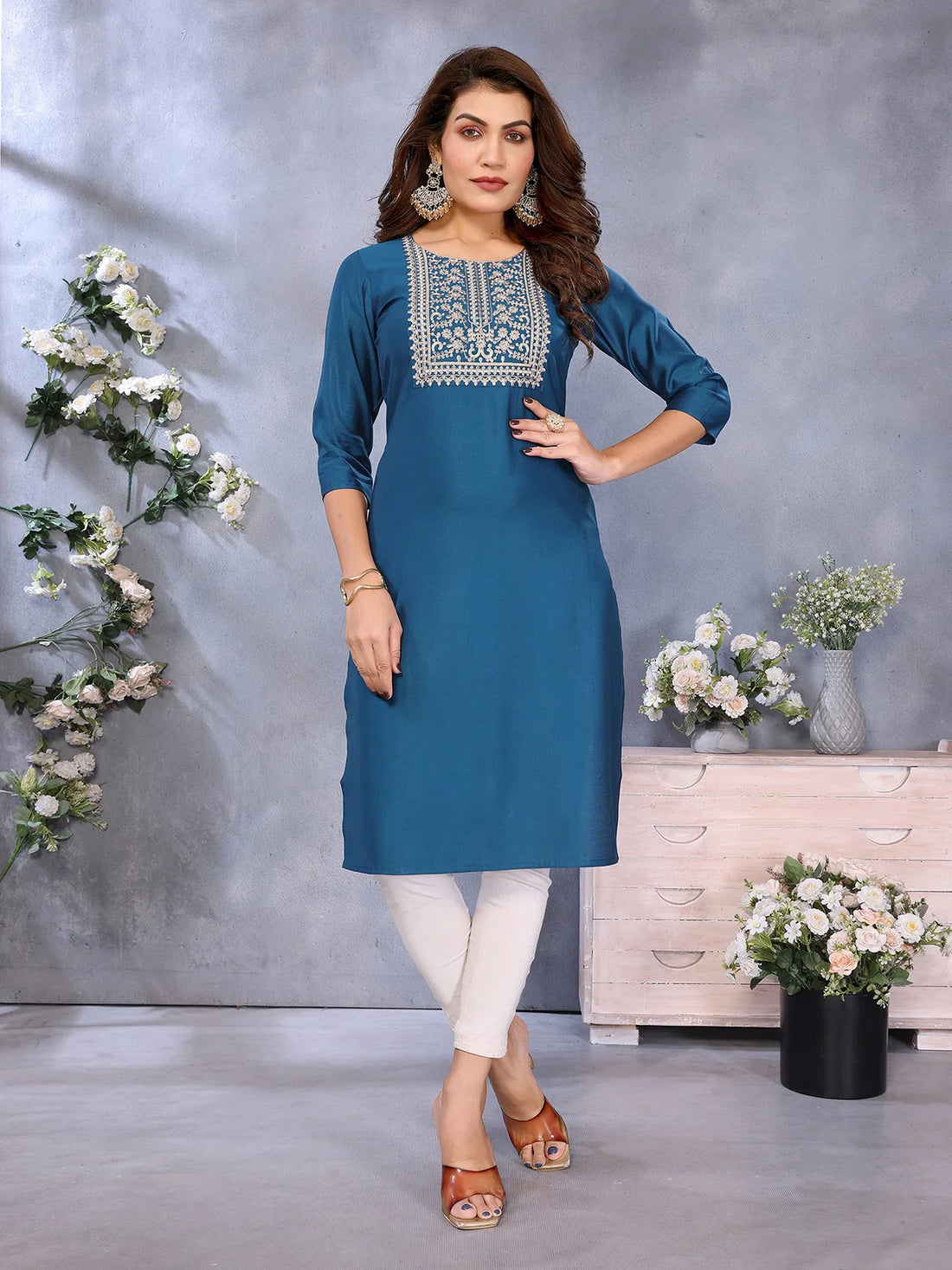Buy Viscose Embroidered Straight Calf Length Kurta-Navy Blue